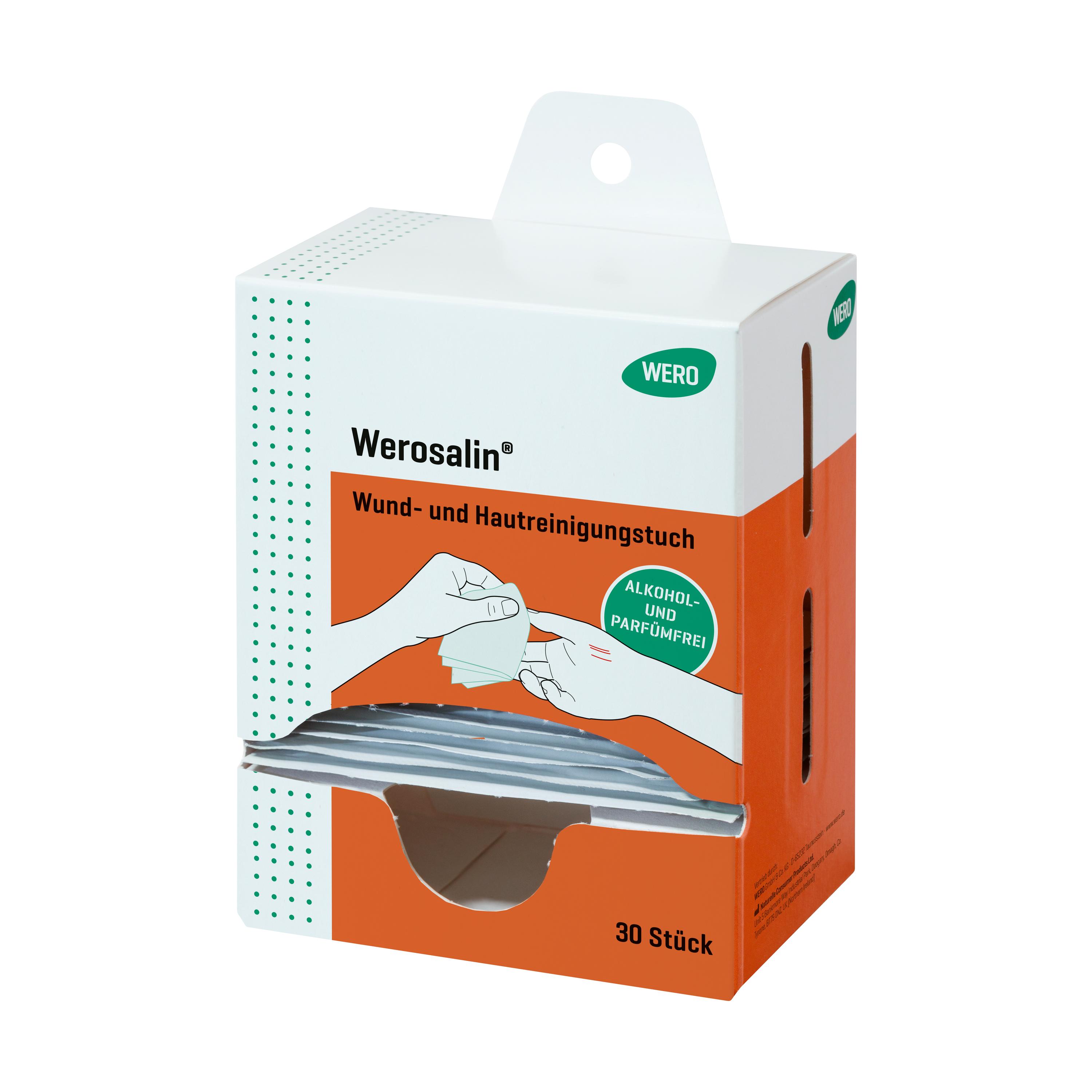Aufrecht stehende Verpackung Werosalin® Wund- und Hautreinigungstuch mit 30 Stück, orange-weißem Design und Illustration zweier Hände auf der Vorderseite.