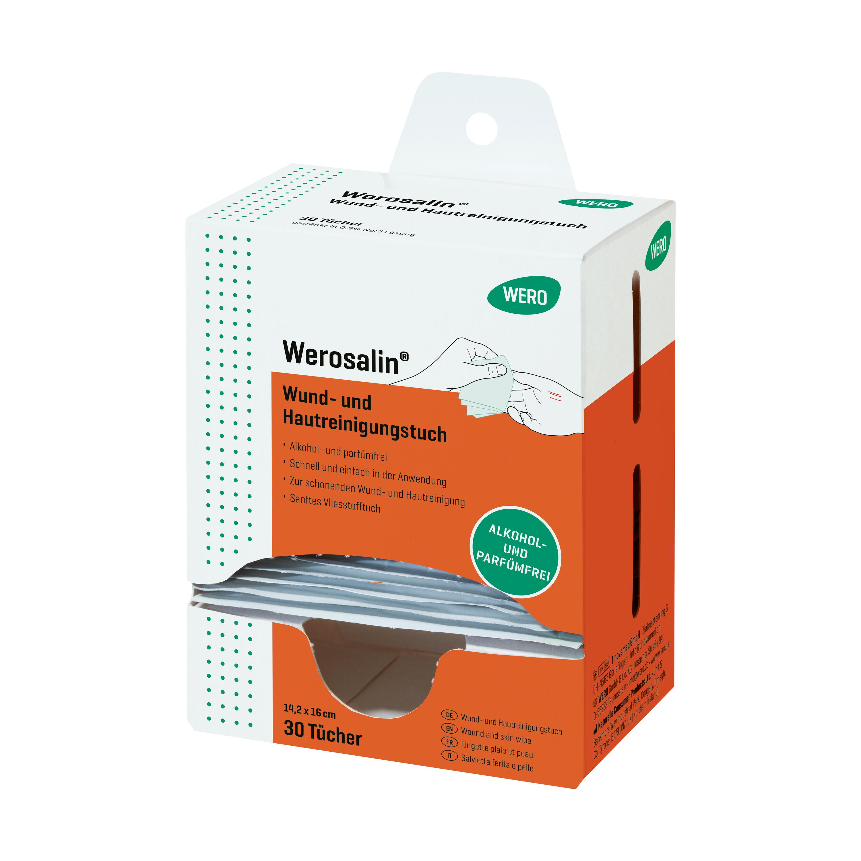 Aufrecht stehende Verpackung Werosalin® Wund- und Hautreinigungstuch mit 30 Stück, orange-weißem Design und Illustration zweier Hände auf der Vorderseite.