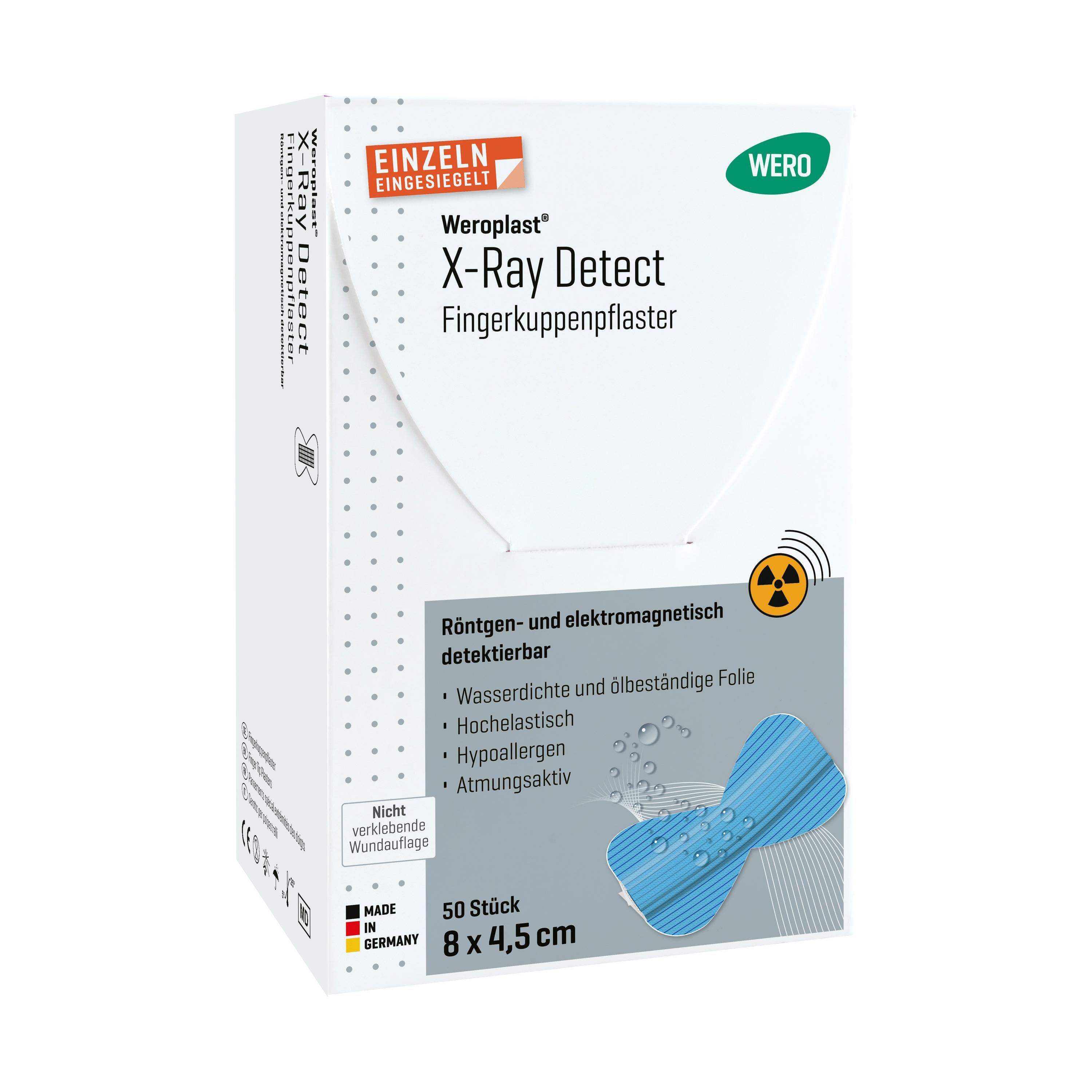 Die Verpackung des Fingerkuppenpflaster Weroplast X-Ray Detect mit Metalldetektoren- und Röntgenerkennung sowie zusätzlicher röntgendetektierbarer Einlage.