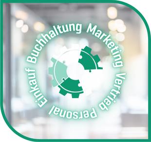Grafik mit grünem Zahnrad, umgeben von den Begriffen Buchhaltung, Marketing und Vertrieb