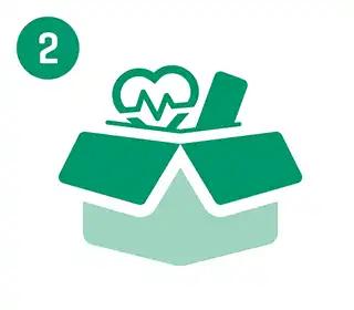 Eine grüne Box mit weißem Rand zeigt ein stilisiertes Herz, eine Pulslinie und ein Smartphone-Symbol sowie die Zahl 2 in der oberen linken Ecke.