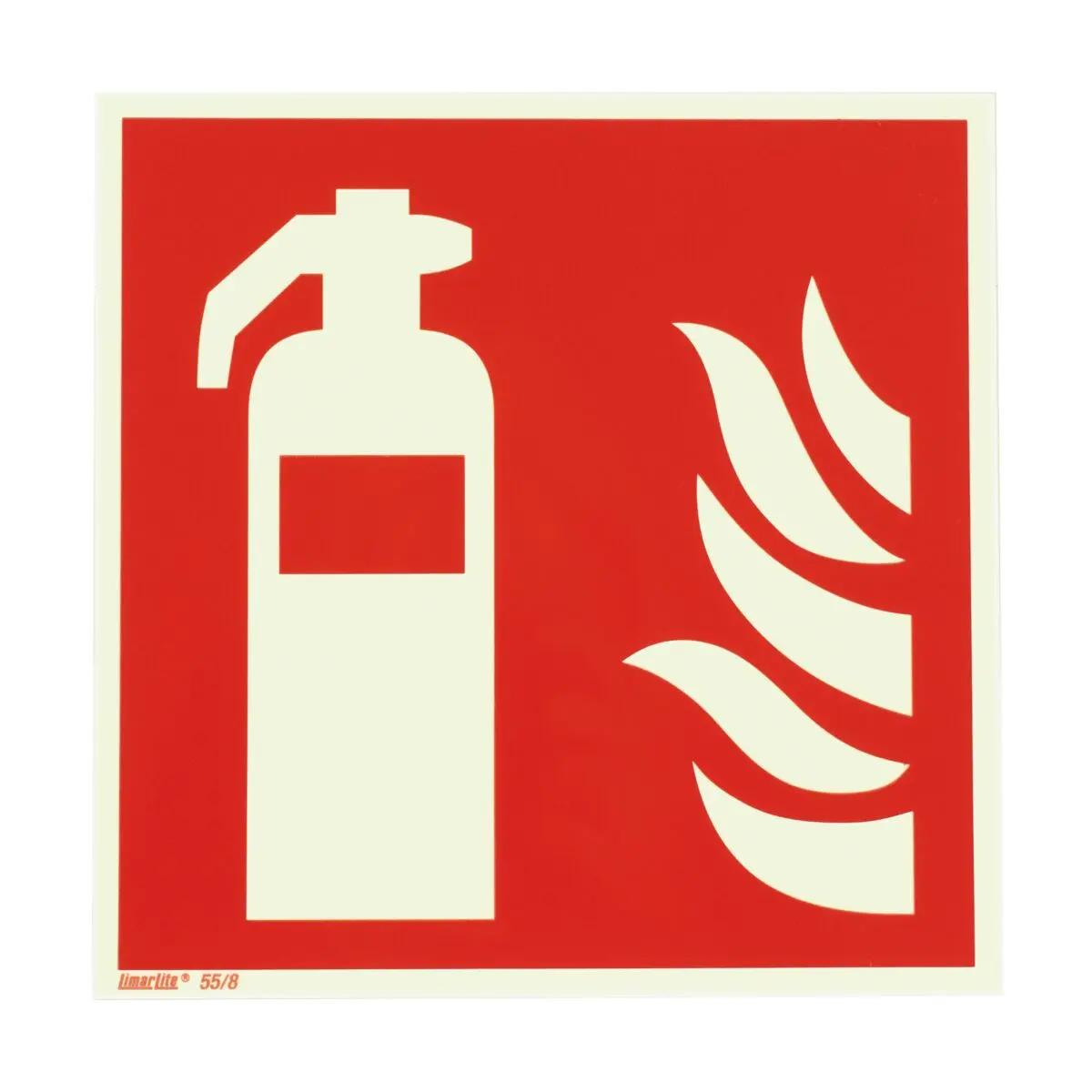 Brandschutzzeichen: Feuerlöscher, Standard zeigt ein weißes Feuerlöscherpiktogramm mit Flammensymbol auf rotem Quadrat.