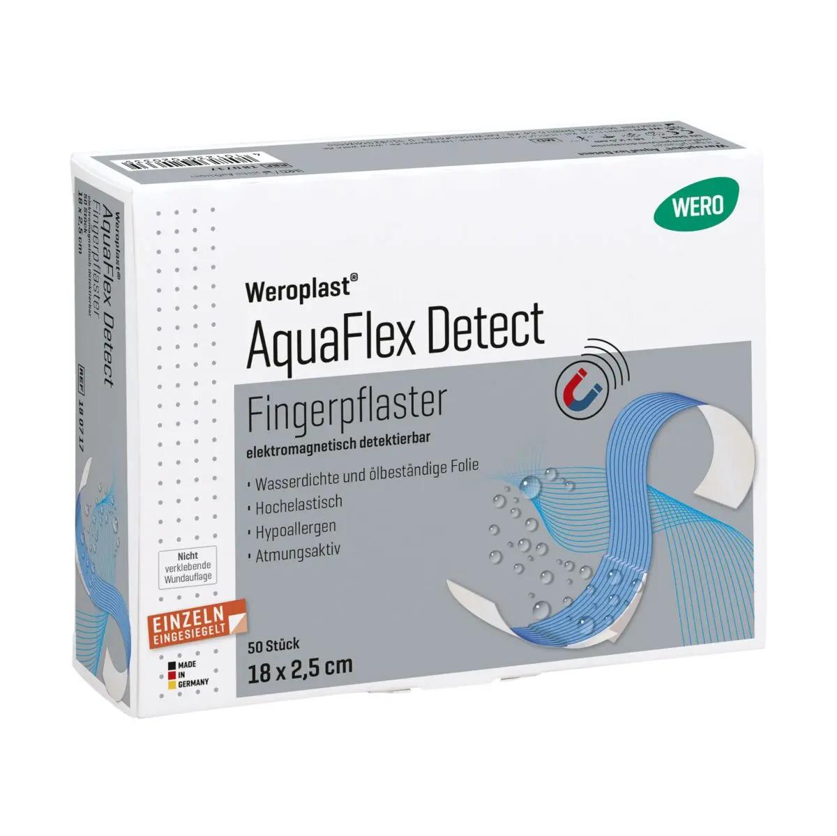 Eine Verpackung des Weroplast® AquaFlex Detect Fingerpflaster - 2,5 cm, 18 cm mit blauer, wasserdichter PU-Folie, atmungsaktiv und elektromagnetisch detektierbar.