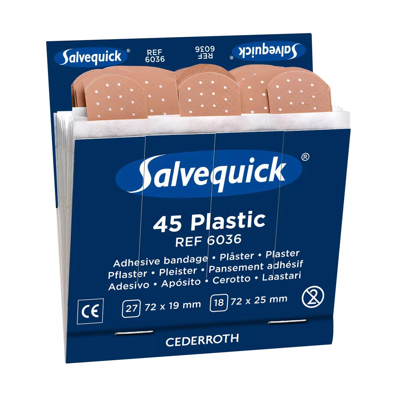 Eine Packung Salvequick® Pflasterstrips, wasserabweisend, Refill 6036 - Einsatz mit sichtbaren hautfarbenen, flexiblen Pflastern im Sichtfenster.