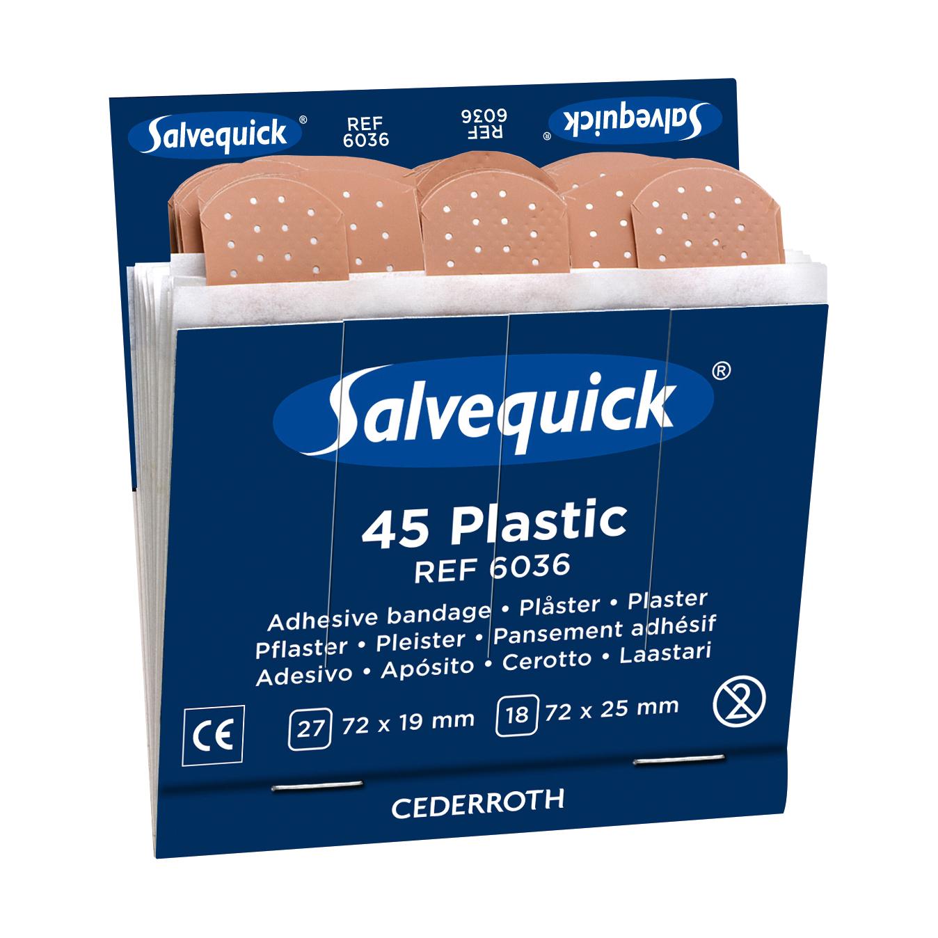 Eine Packung Salvequick® Pflasterstrips, wasserabweisend, Refill 6036 - Einsatz mit sichtbaren hautfarbenen, flexiblen Pflastern im Sichtfenster.