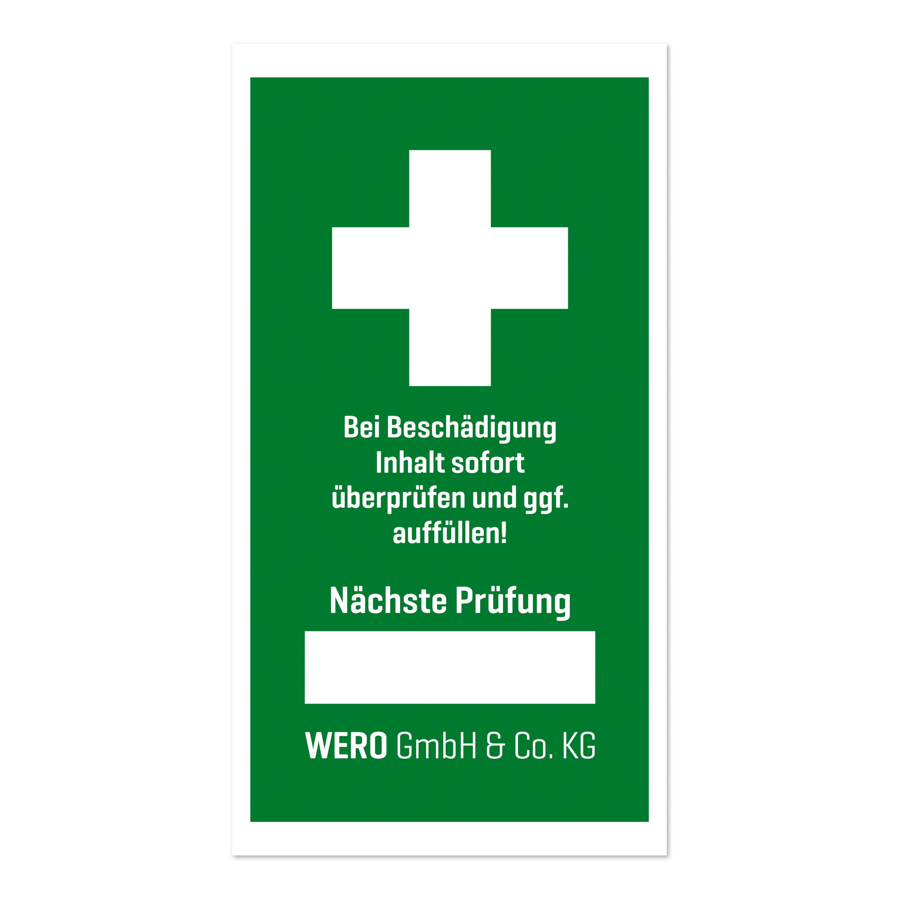 Grüne Prüfplakette Prüfsiegel für Erste-Hilfe-Einrichtung mit weißem Kreuz, Warnhinweis und Feld zur Eintragung des nächsten Prüftermins.