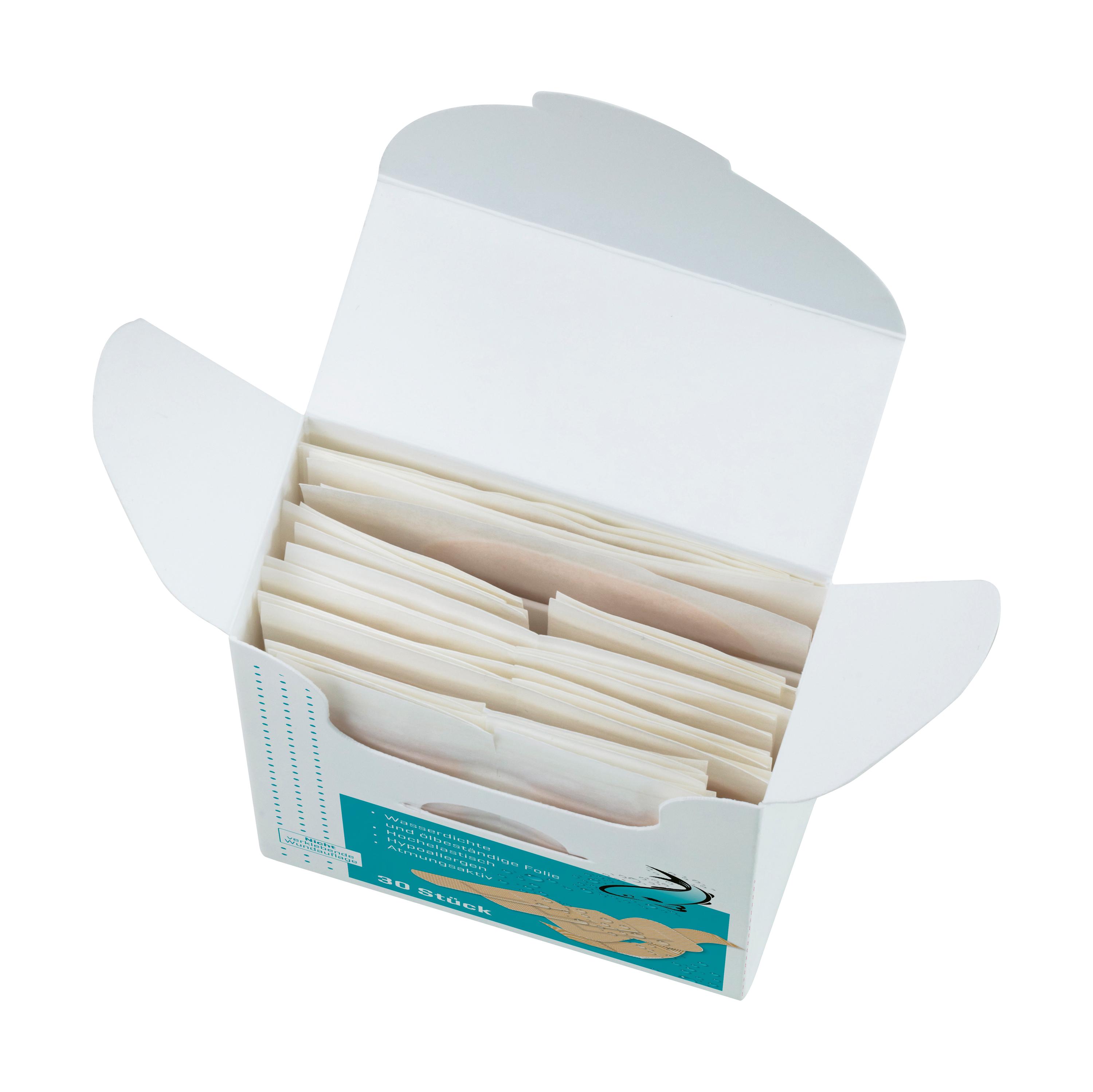 Eine offene Schachtel Weroplast® AquaFlex Pflaster - Mix DIN 13157 zeigt viele weiße Einzelpackungen, die wasserdicht sowie flexibel sind und Hautaufweichungen verhindern.