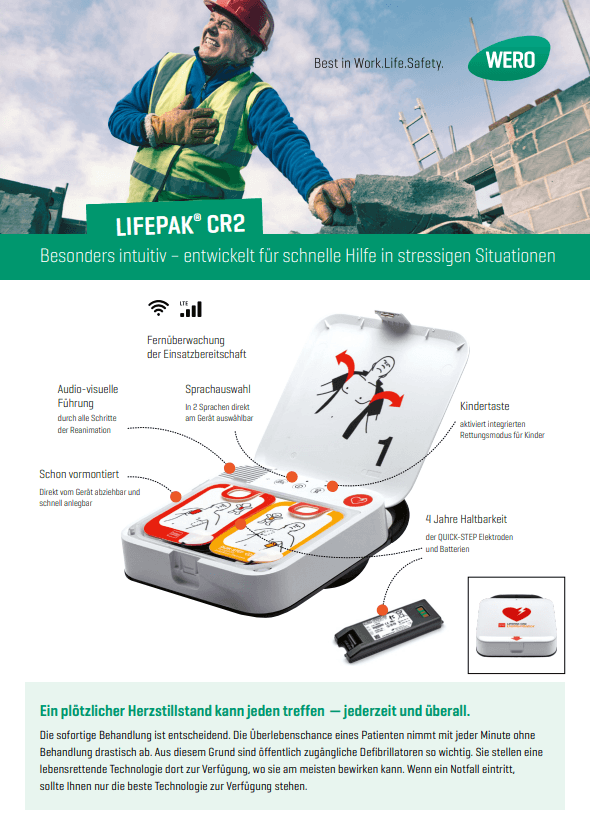 Ein Mann mit Schutzhelm zeigt LIFEPAK® CR2 Rettungsgerät von WERO, Funktionen wie Alarm und Zwei-Wege-Kommunikation hervorgehoben.