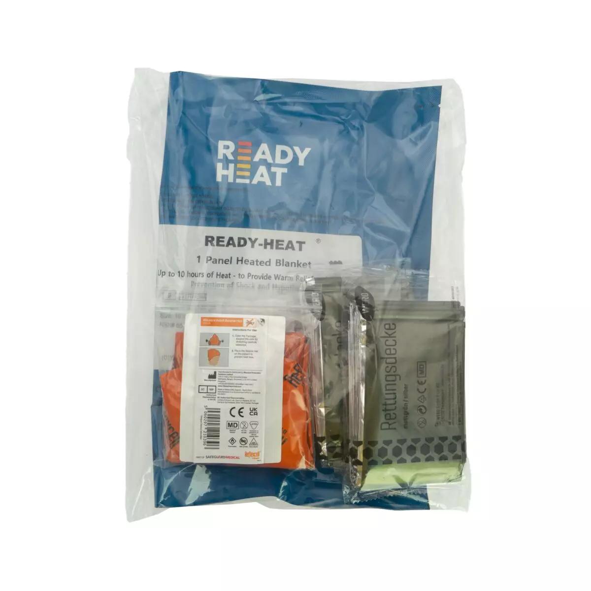 Transparente Verpackung mit WERO MED-X® Hypothermie Bundle - Advanced, zeigt zwei orange Heizdecken, Rettungsdecke und weiteres Erste-Hilfe-Zubehör.