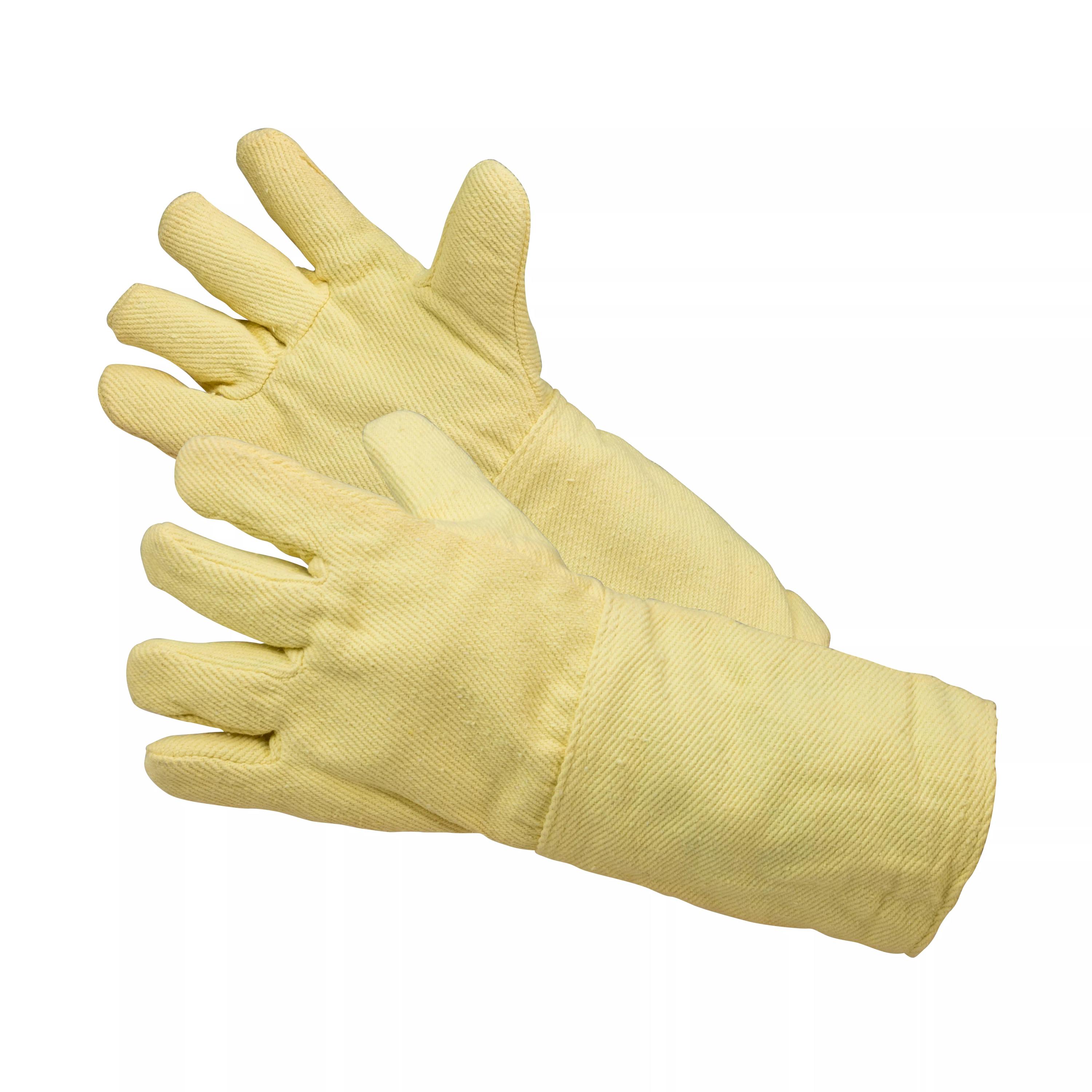 Zwei gelbe Hitzeschutzhandschuhe Kevlar® Heat mit langer Stulpe und fingerfreiem, atmungsaktivem Design aus widerstandsfähigem Gewebe.