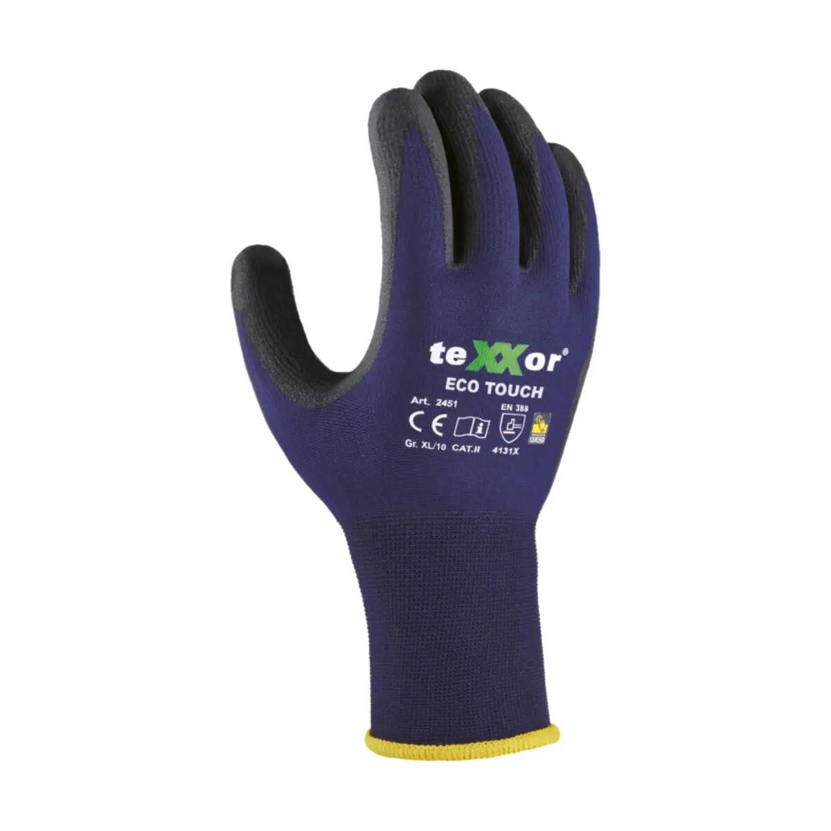Ein teXXor Nylon-Strickhandschuh ECO TOUCH, Größe 8, mit gelbem Bündchen, strukturierter Handfläche und schwarzen Fingerpartien, liegt ausgebreitet.