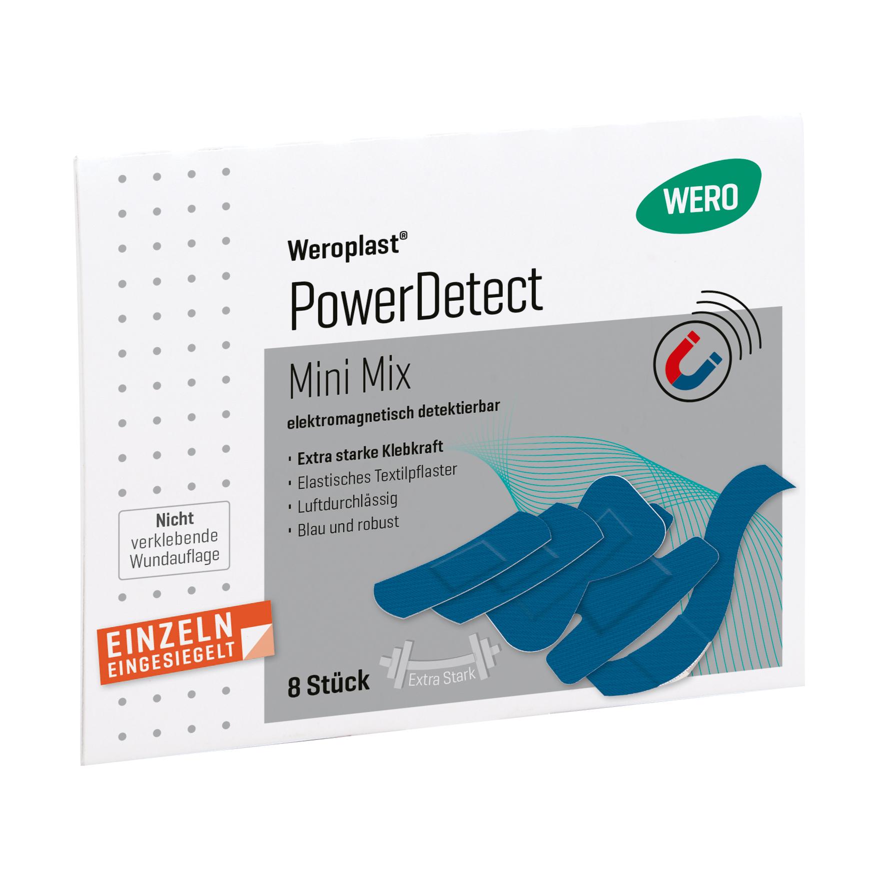 Eine weiße Schachtel Pflasterset Weroplast® PowerDetect - Mini Mix mit blauen, detektierbaren und längs- sowie querelastischen Pflastern.