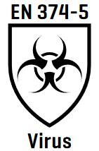 AltText>Schwarz-weißes Schild mit Biohazard-Symbol und der Aufschrift EN 374-5 Virus darüber.