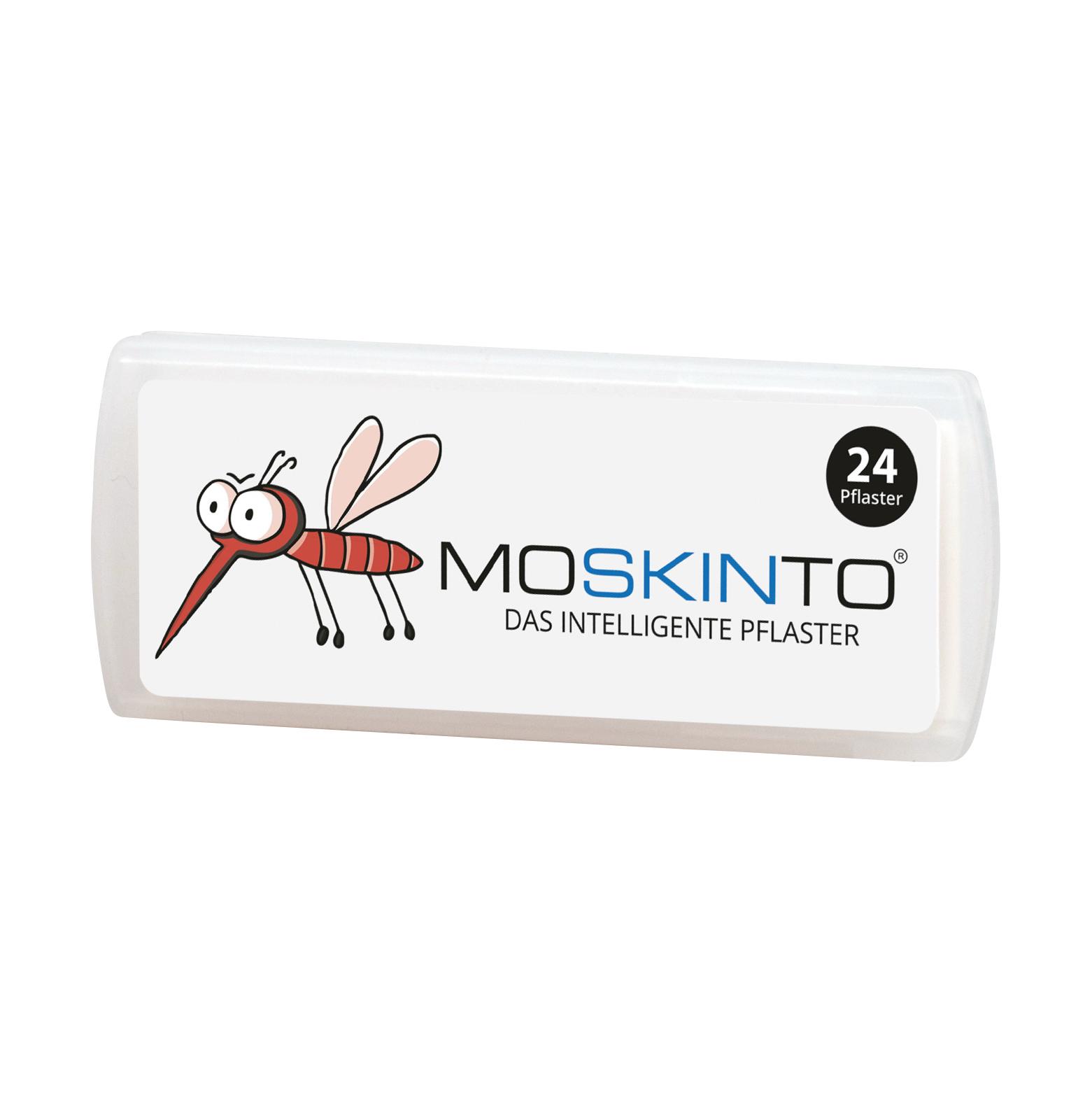 MOSKINTO® Mückenpflaster – gegen Juckreiz, 24 Stk, in rechteckiger Box mit gezeichneter Mücke, Aufdruck und Hinweis auf 24 Pflaster.