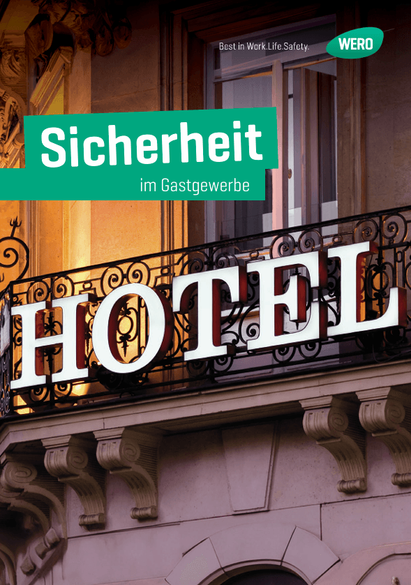 Buchcover mit dem Titel „Sicherheit im Gastgewerbe“, WERO-Logo, Hotelfassade mit beleuchtetem „HOTEL“-Schriftzug