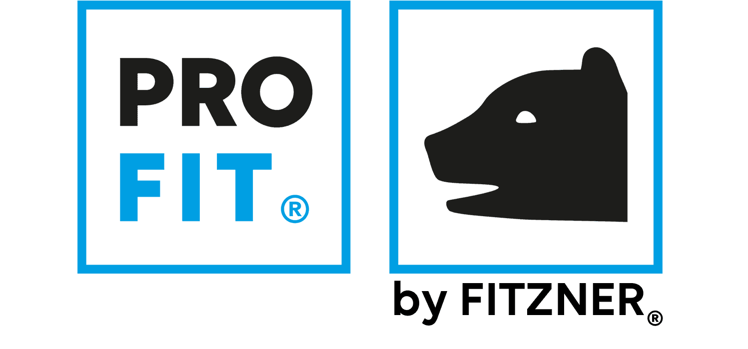 PRO-FIT by FITZNER Logo in Cyan und Schwarz mit Schriftzug 'PRO-FIT' und 'by FITZNER' auf weißem Hintergrund