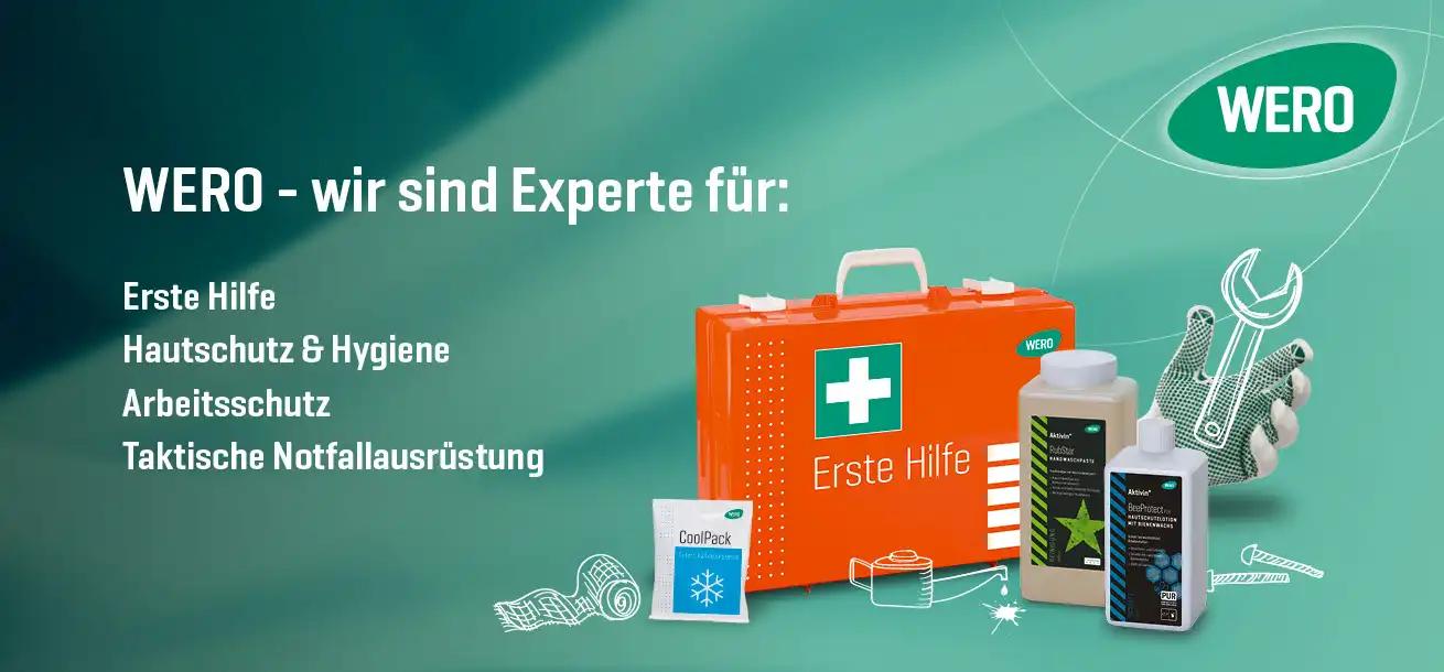 Großer oranger Erste-Hilfe-Kasten mit grünem Kreuz, weißes Coolpack, Arbeitsschutzbehälter und grauer Handschuh mit Schraubenschlüssel.