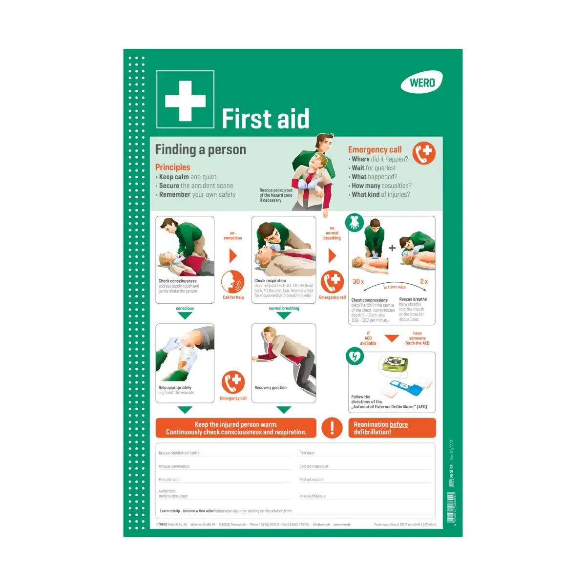 Bunt gestaltetes WERO Schild: Erste Hilfe (englisch) mit Illustrationen und Text zu Notfallmaßnahmen, lebensrettenden Handgriffen und Erste-Hilfe-Checkliste.