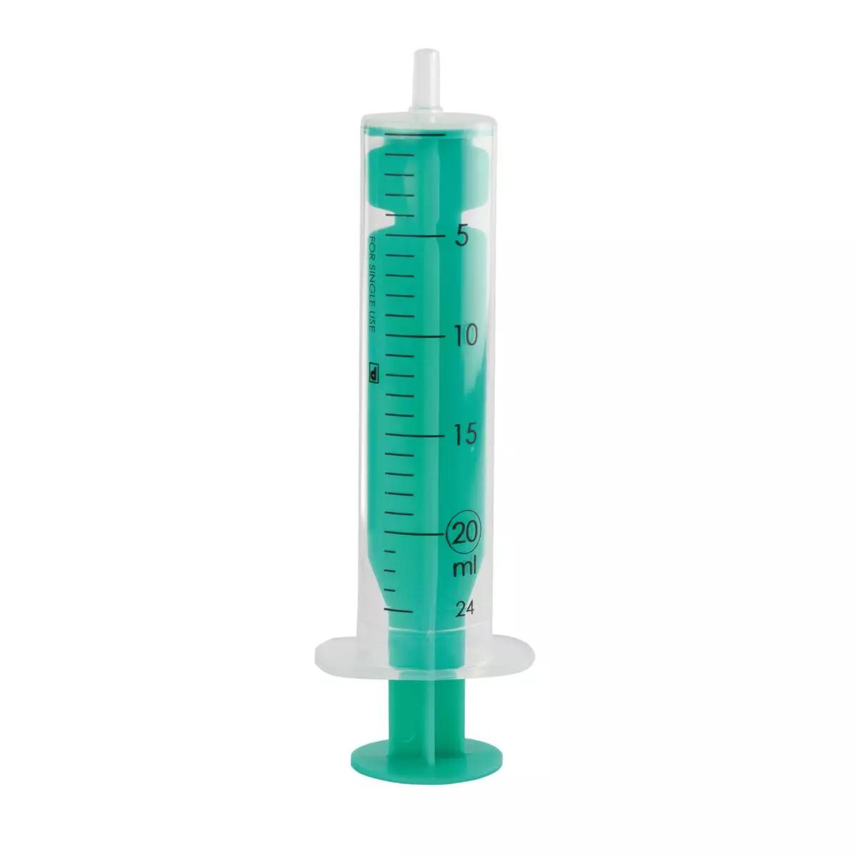Transparente Einmal-Spritze, steril - 80 Stk, 20 ml mit grünem Zylinder, klar sichtbarer Graduierung und Luer-Anschluss, leer und gebrauchsfertig.