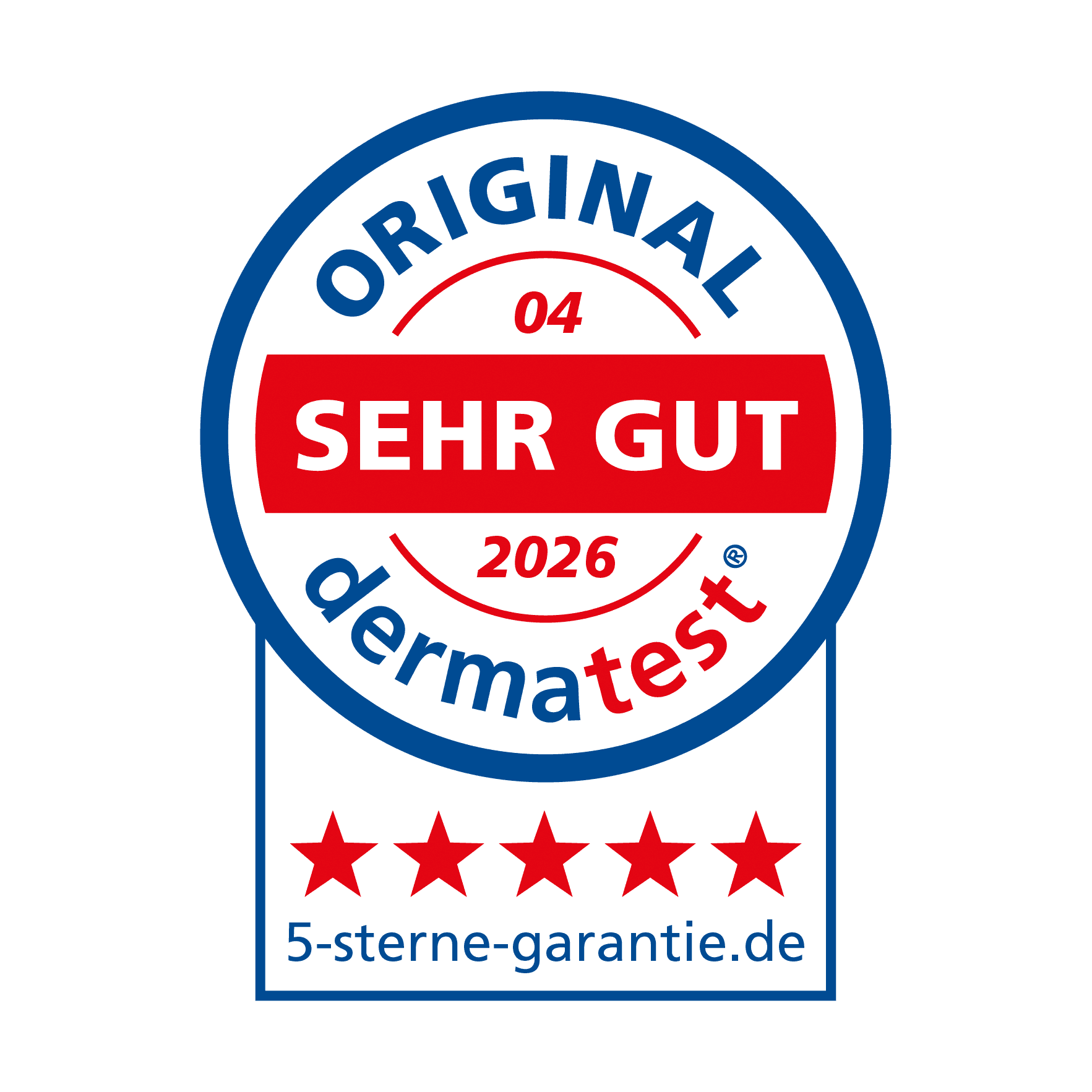 Logo: ORIGINAL 04 dermatest SEHR GUT 2026, fünf rote Sterne