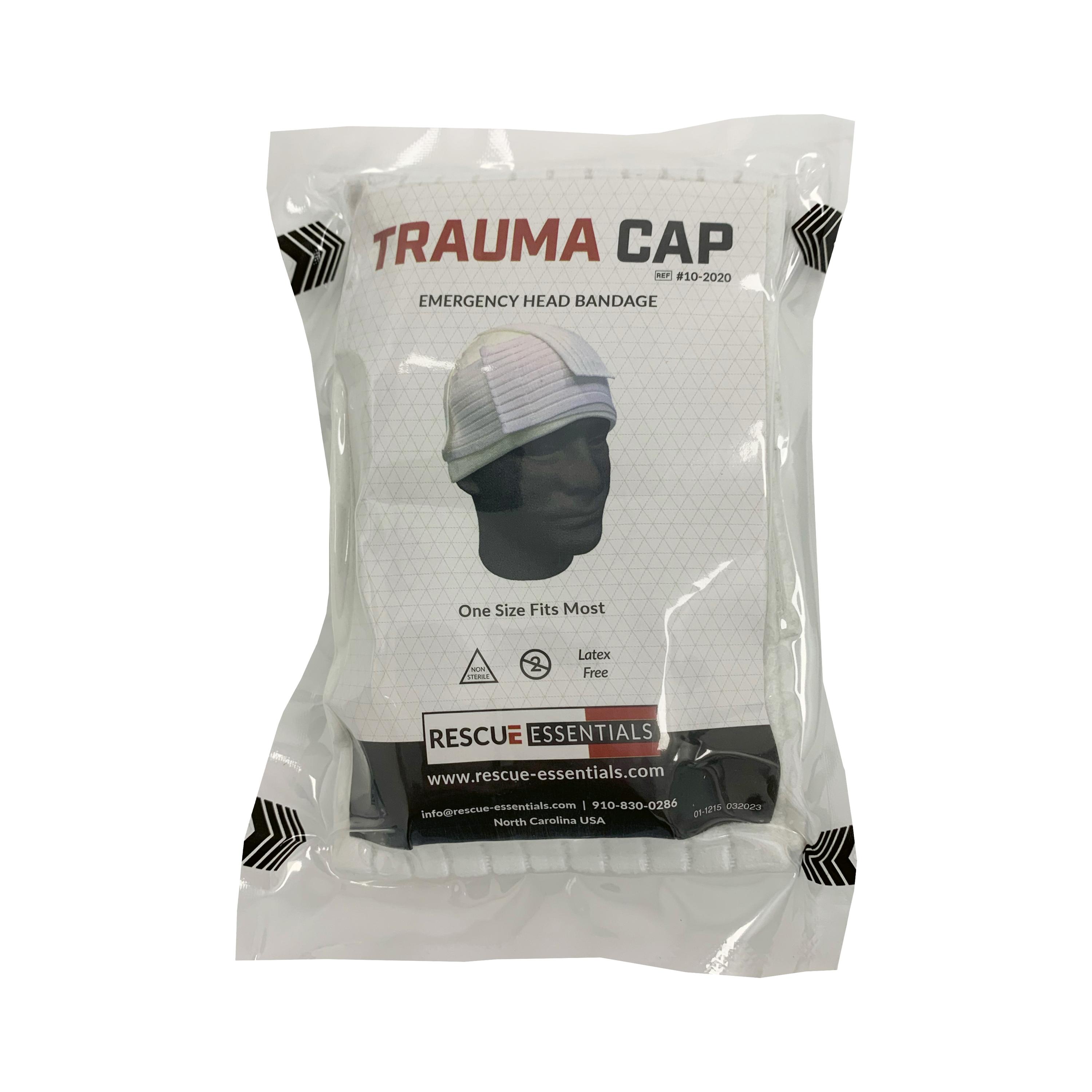 Kunststoffbeutel mit Rescue Essentials® Trauma Cap, einer elastischen Einheitsgröße-Kopfbandage zur schnellen Versorgung von Kopfverletzungen.
