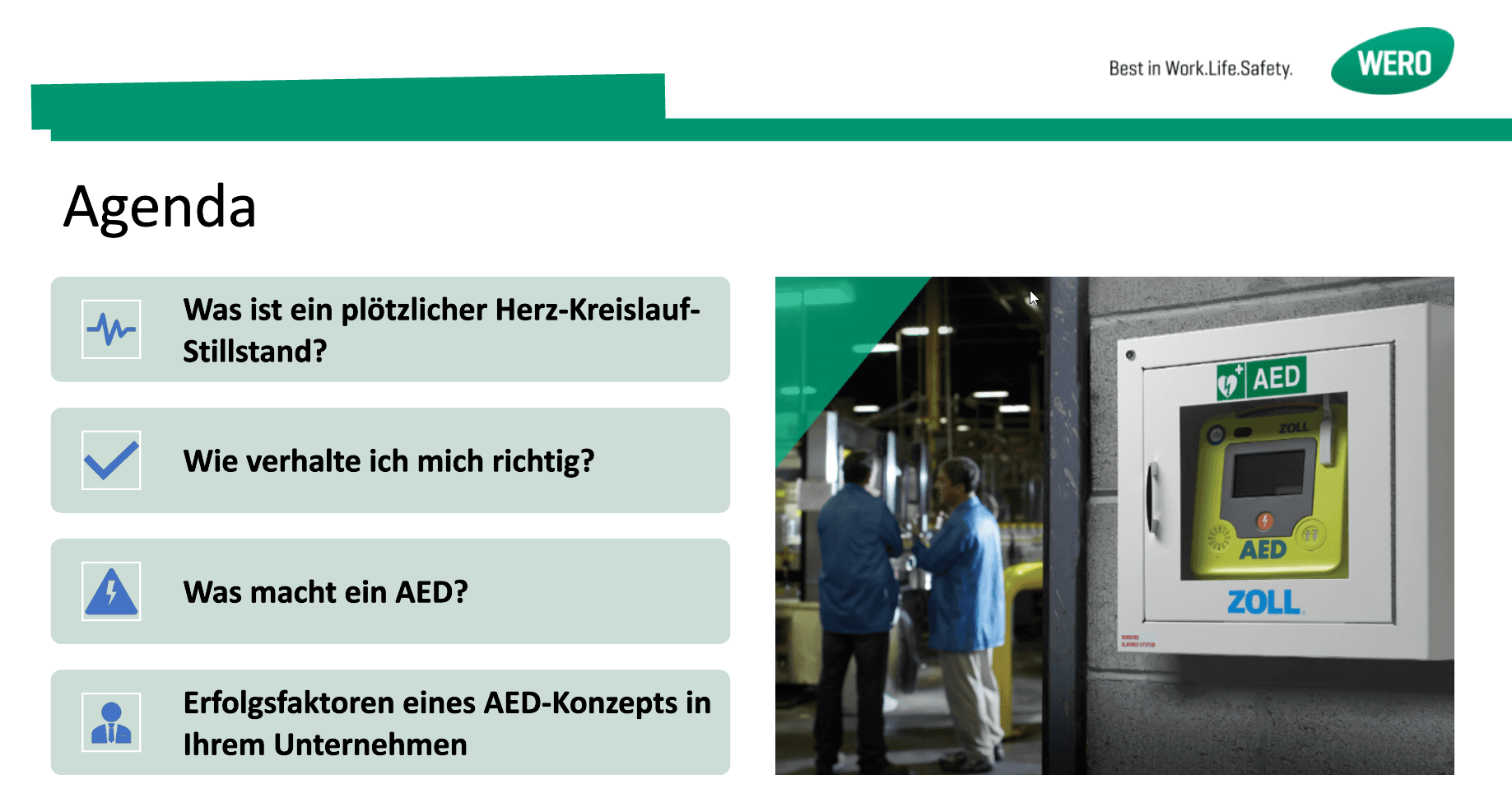 Agenda-Folie von WERO zum Thema AEDs, zeigt das WERO Logo und Personen an einem AED-Gerät.