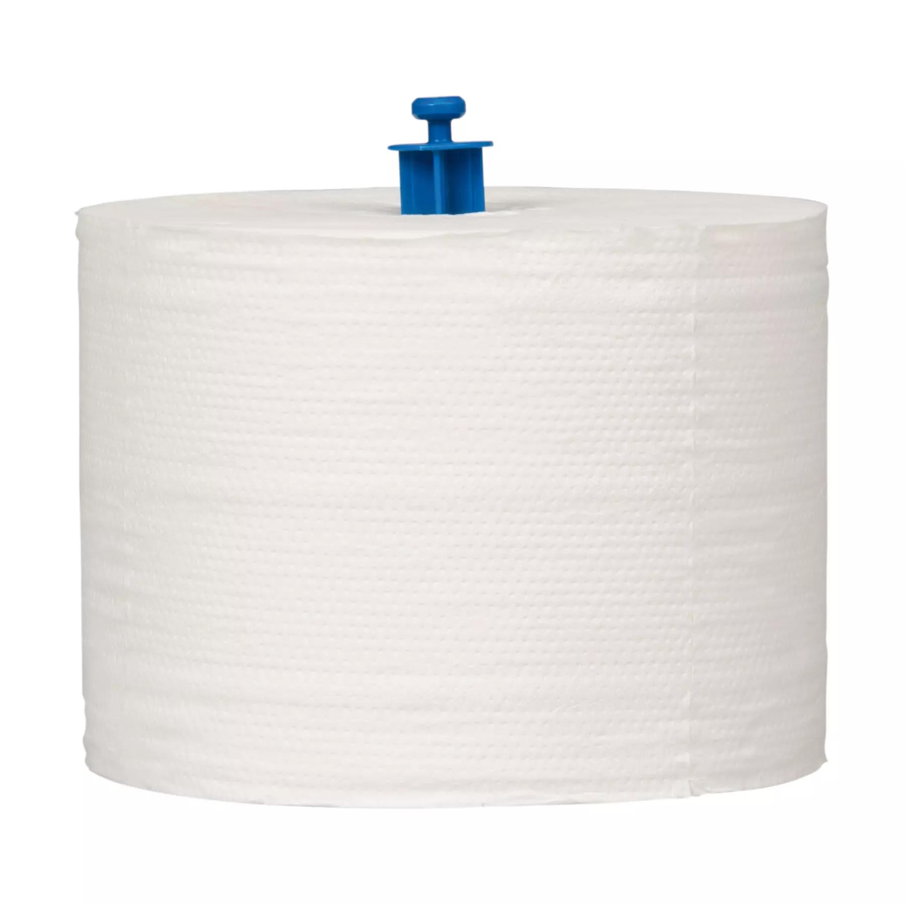 Eine Rolle Zellstoff-Toilettenpapier für Toilettenpapierspender RATIO, 2-lagig geprägt, mit blauem Spezialadapter auf weißem Hintergrund.