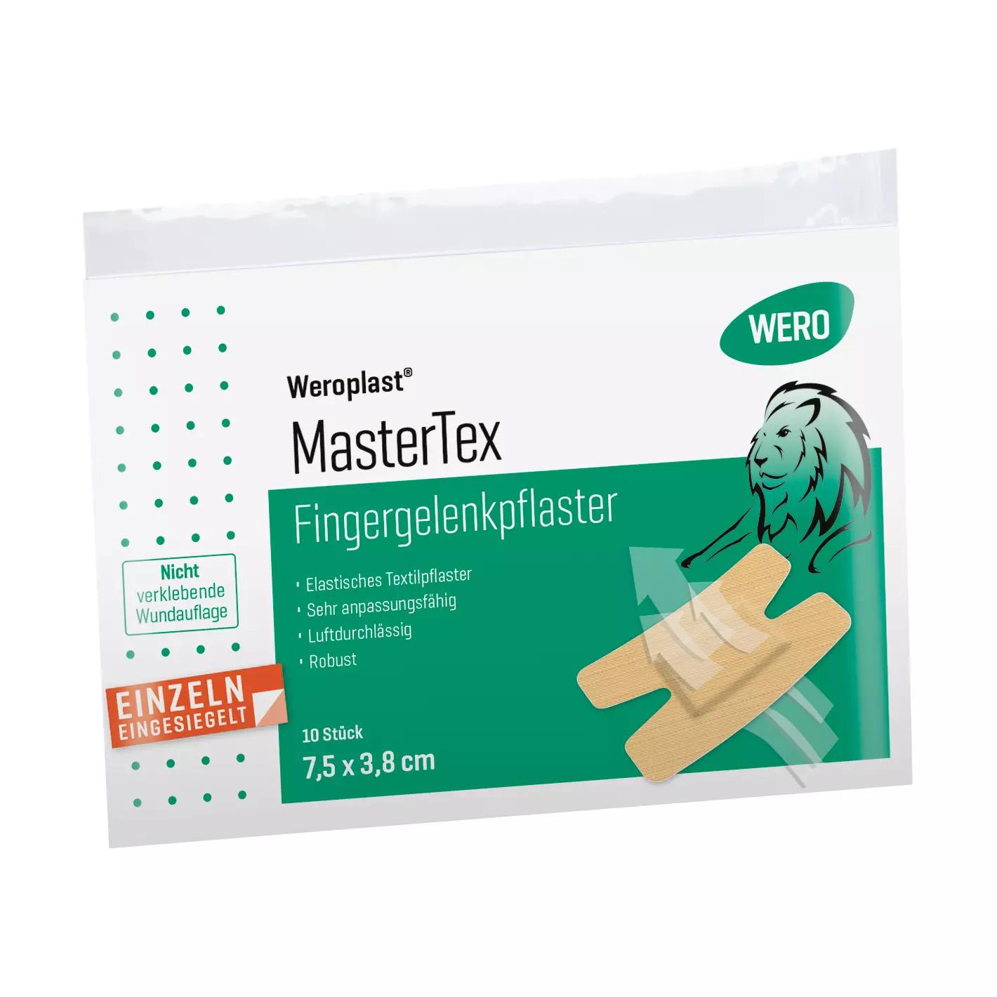 Rechteckige Verpackung Fingergelenkpflaster Weroplast® MasterTex 10 Stk, transparenter Beutel mit grünen Pflastern, textiles Gewebe, hoch anpassungsfähig.
