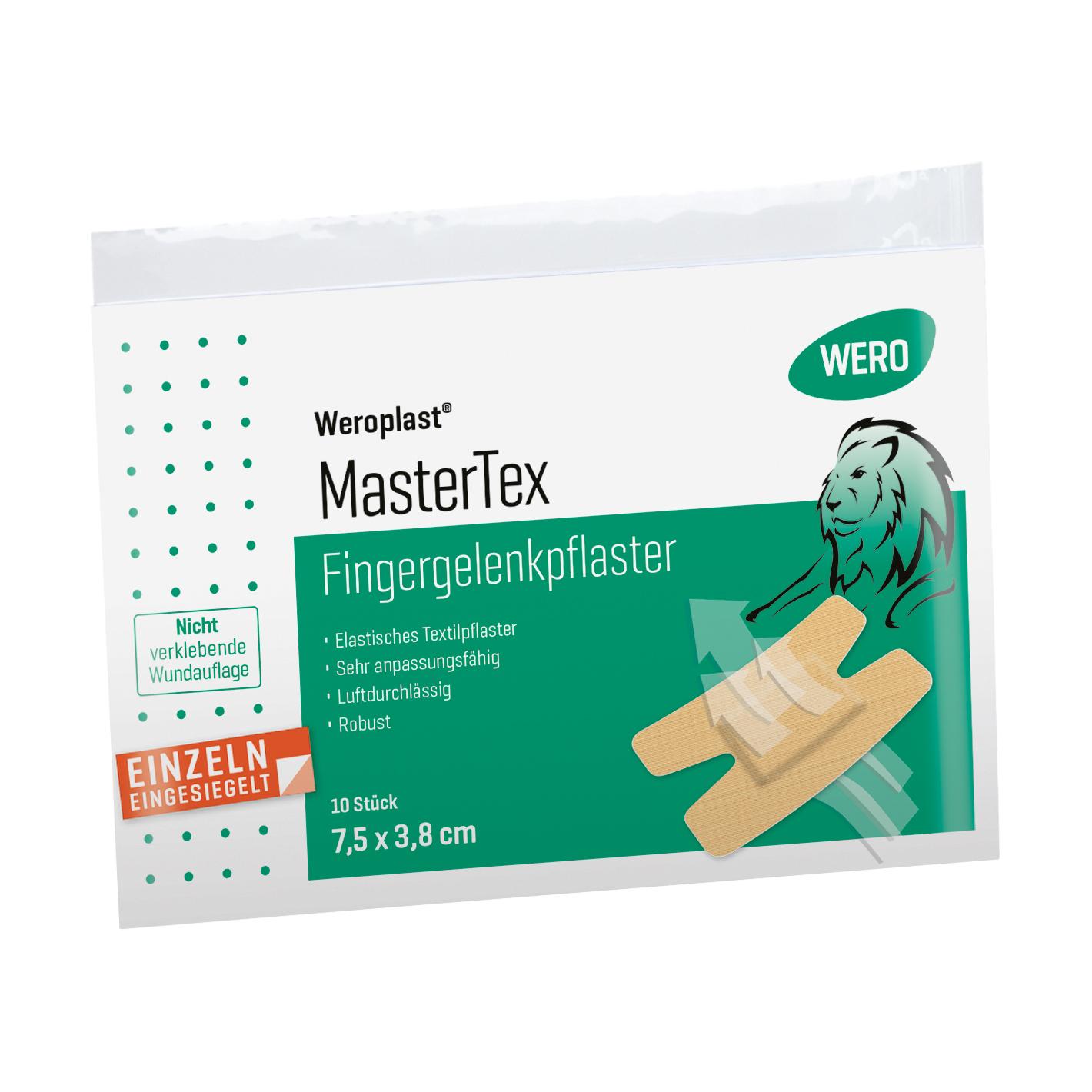 Rechteckige Verpackung Fingergelenkpflaster Weroplast® MasterTex 10 Stk, transparenter Beutel mit grünen Pflastern, textiles Gewebe, hoch anpassungsfähig.