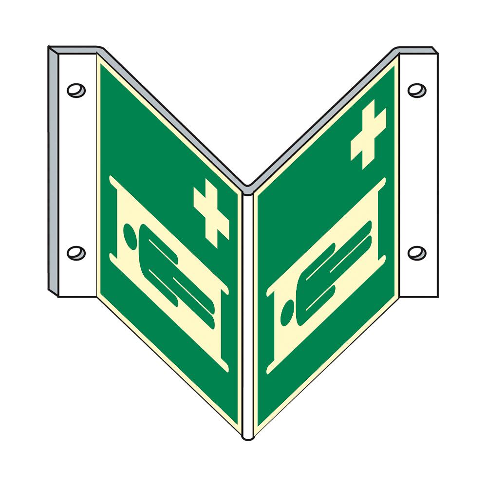 Grünes Rettungszeichen - Krankentrage N gemäß DIN 13024 - Winkel aus Leichtmetall, geteilt mit zwei medizinischen Symbolen und weißen Randmontagebohrungen.