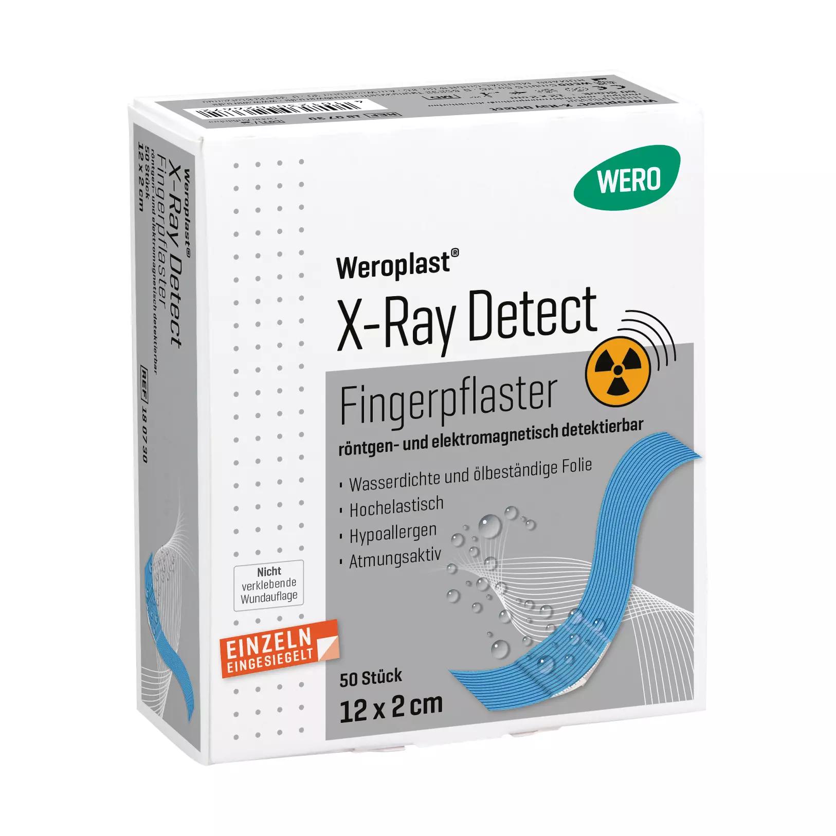 Fingerpflaster Weroplast® X-Ray Detect Schachtel mit markantem Produktnamen, Röntgensymbol und Angaben zu Erkennung durch Detektoren.