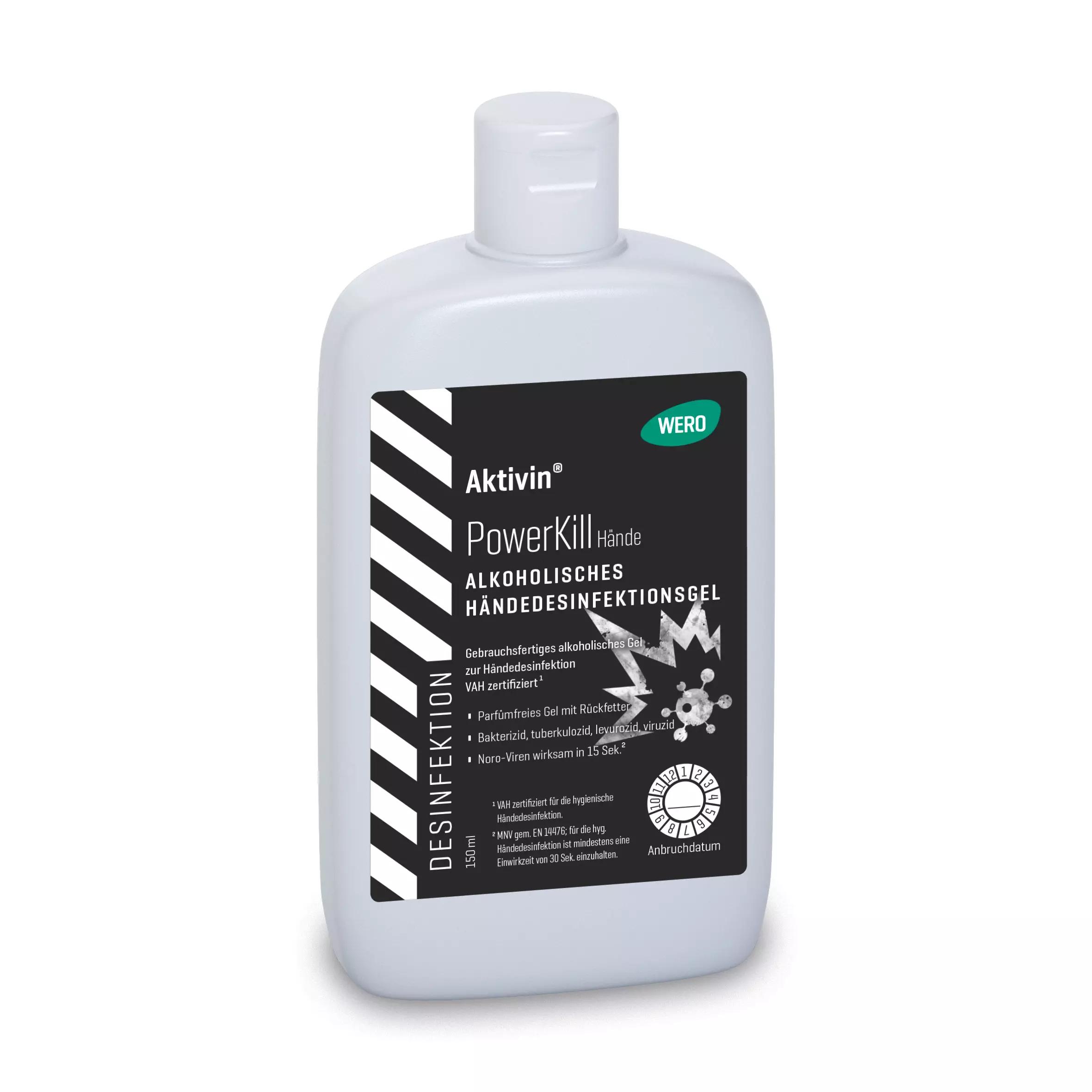Eine stehende Händedesinfektionsgel Aktivin® PowerKill - Kittelflasche, 150 ml, mit weißem Deckel und schwarzem Etikett mit weißer Schrift.