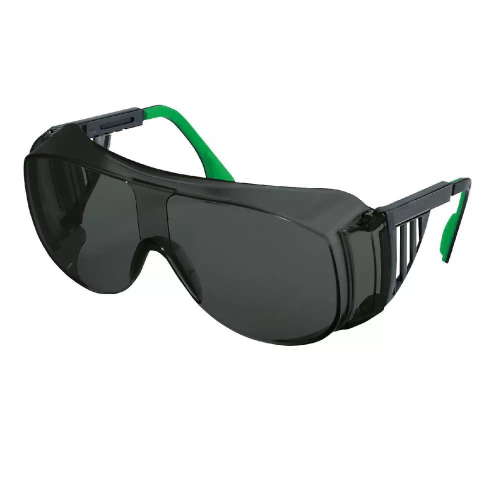 Schwarz-graue uvex Schweißerschutzbrille mit reflektierenden Gläsern, verstellbaren Bügeln und komfortablem Band, leicht gebogen geformt.