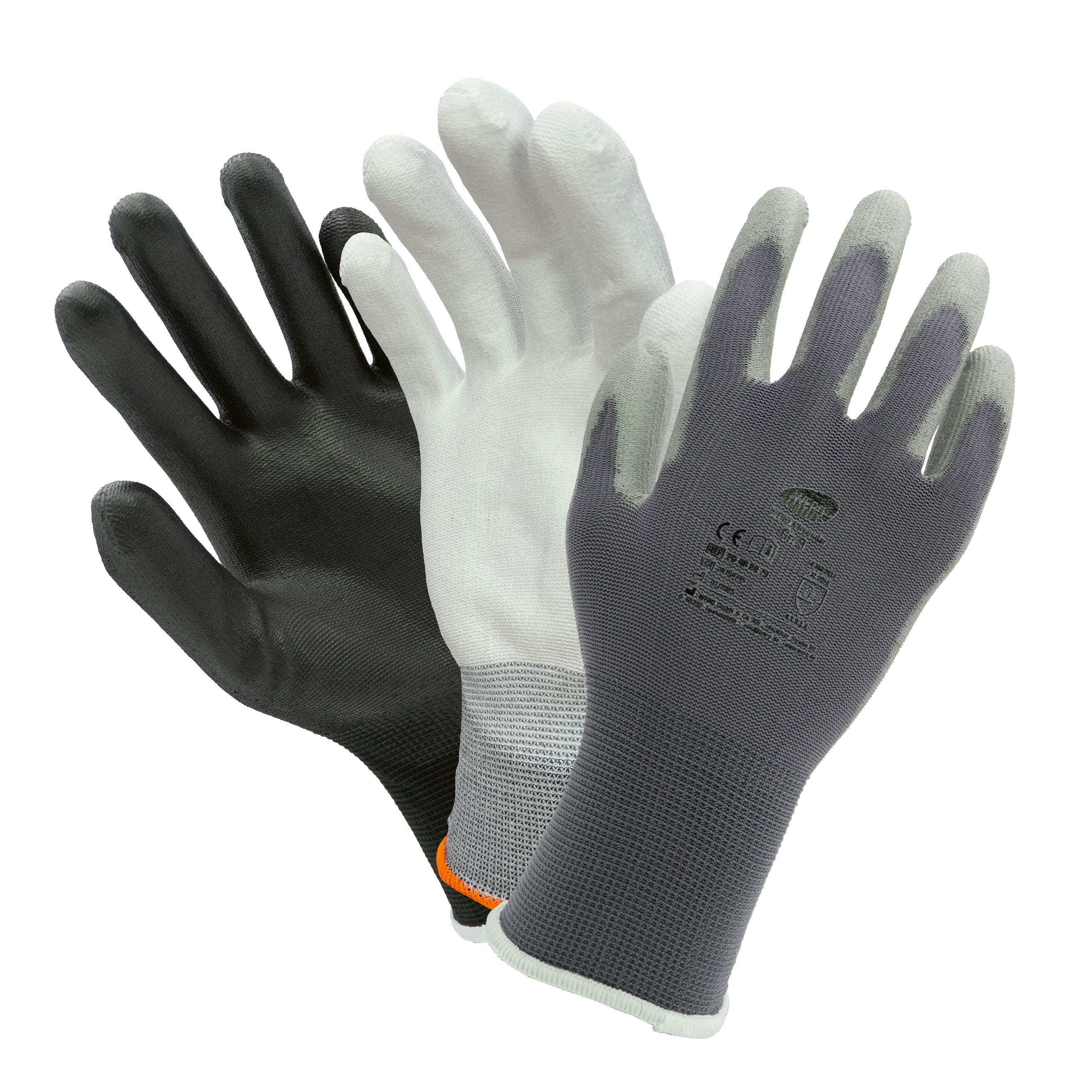 Drei Feinstrickhandschuh WERO Allrounder in Schwarz, Weiß und Grau mit PU-Beschichtung liegen nebeneinander, jeweils leicht gespreizte Finger.