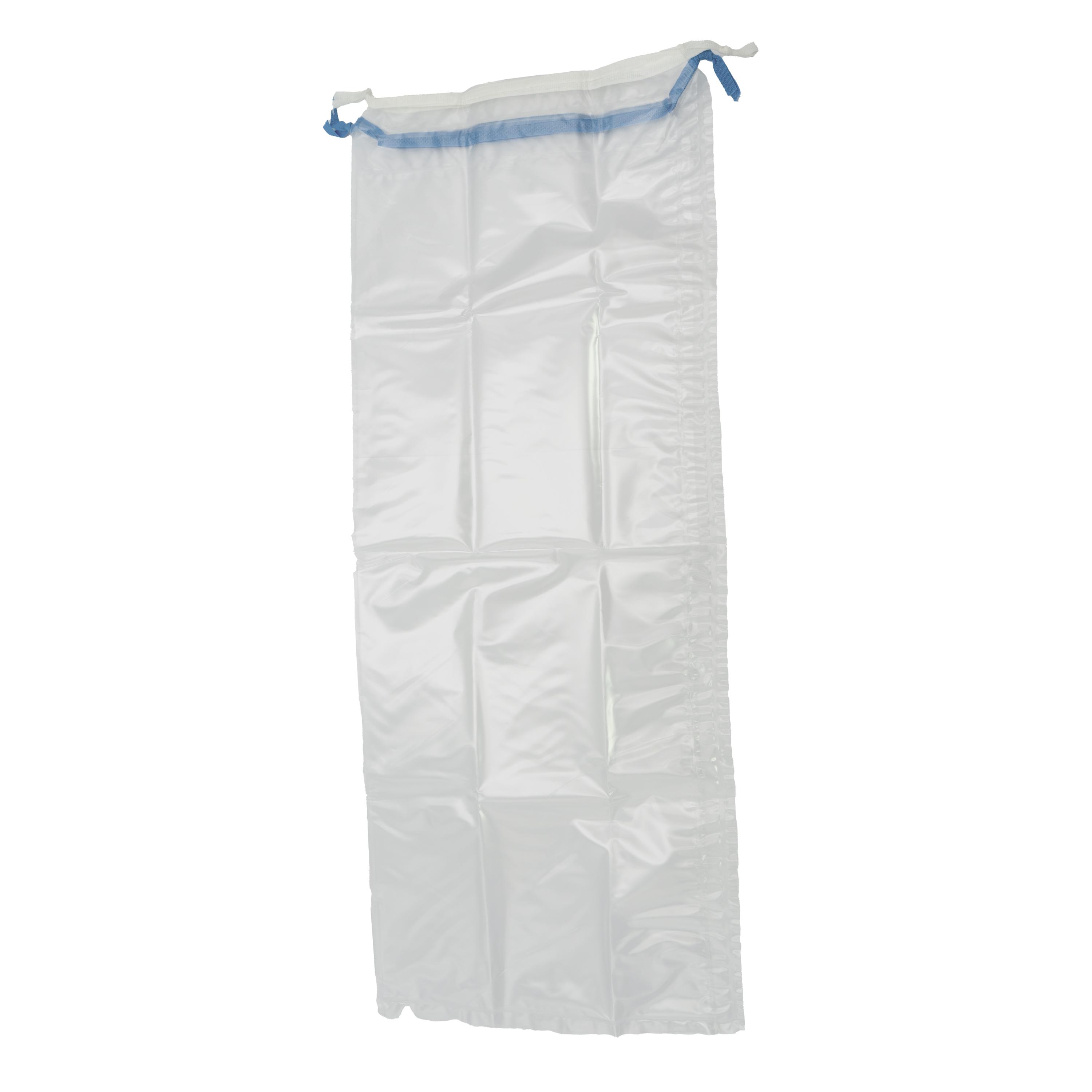 Ein rechteckiger weißer Kunststoffbeutel mit blauem Gummiverschluss, geeignet für kleine Gegenstände oder Abfälle, wirkt neu und sauber.