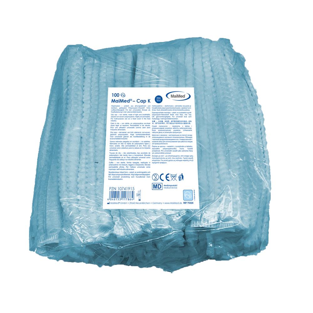 Beutel mit 100 blauen Einweghauben, leicht geknittert, atmungsaktiv und speziell für den Einsatz in Hygienebereichen geeignet.