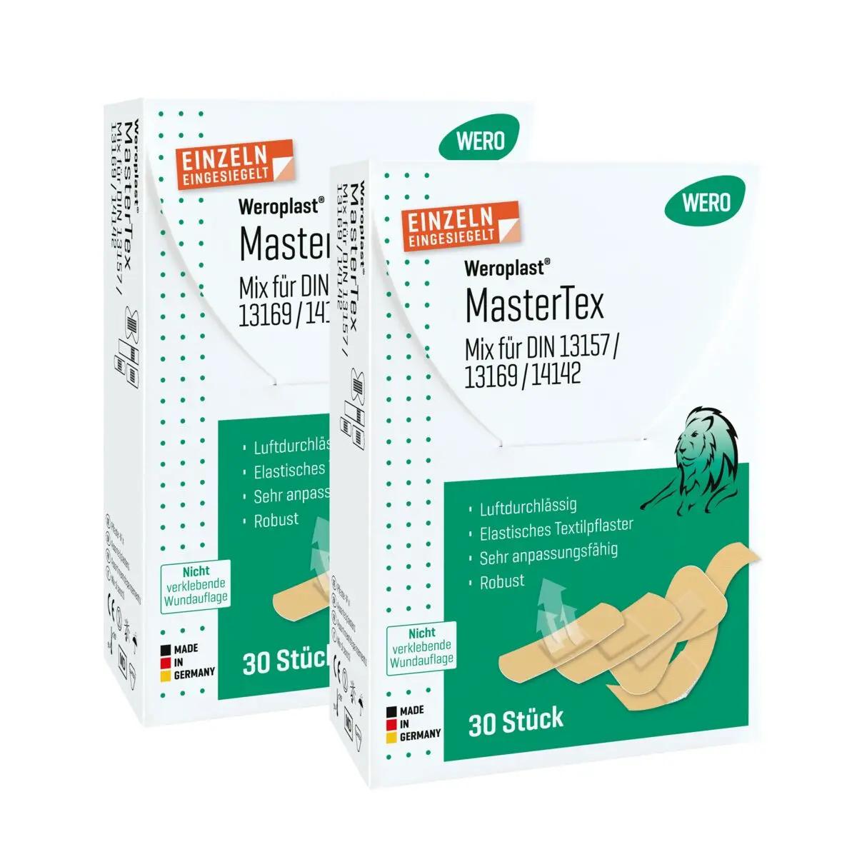 Zwei Boxen Weroplast MasterTex Mix für DIN 13169 / DIN 14142, jeweils mit flexiblem, reißfestem, anpassungsfähigem Pflastersortiment.