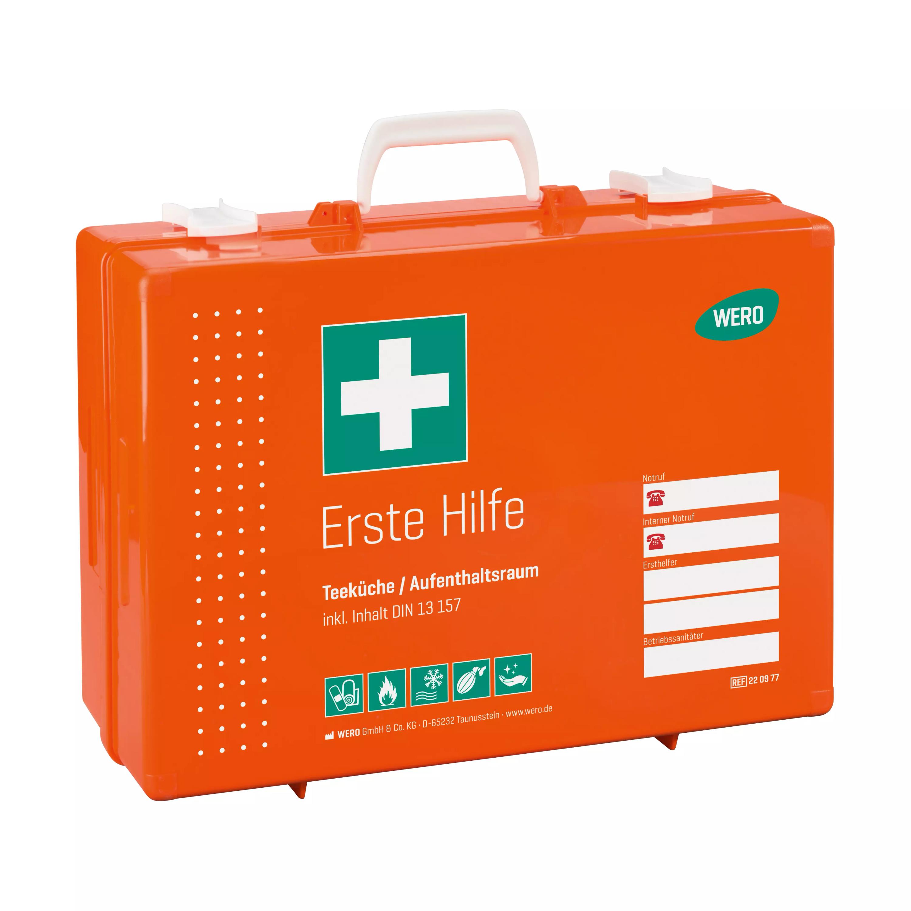 Stabiler Werotop® 450 Erste Hilfe Koffer mit grünem Kreuz, klar sichtbarem „Erste Hilfe“-Label und WERO-Logo, ausgestattet laut DIN 13157.