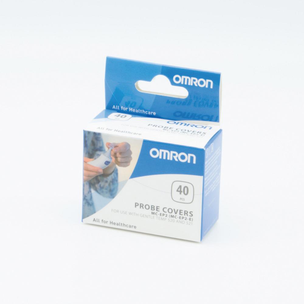 Eine stehende Box Einweg-Messhüllen für Ohrfieberthermometer OMRON Gentle Temp 520 mit 40 Stück und blau-weißem Design.