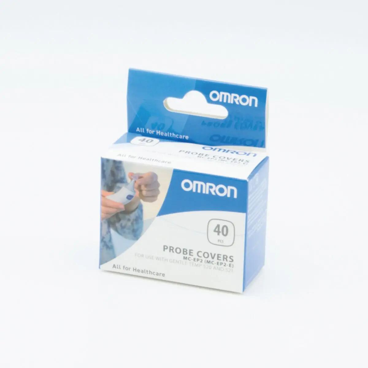 Eine stehende Box Einweg-Messhüllen für Ohrfieberthermometer OMRON Gentle Temp 520 mit 40 Stück und blau-weißem Design.