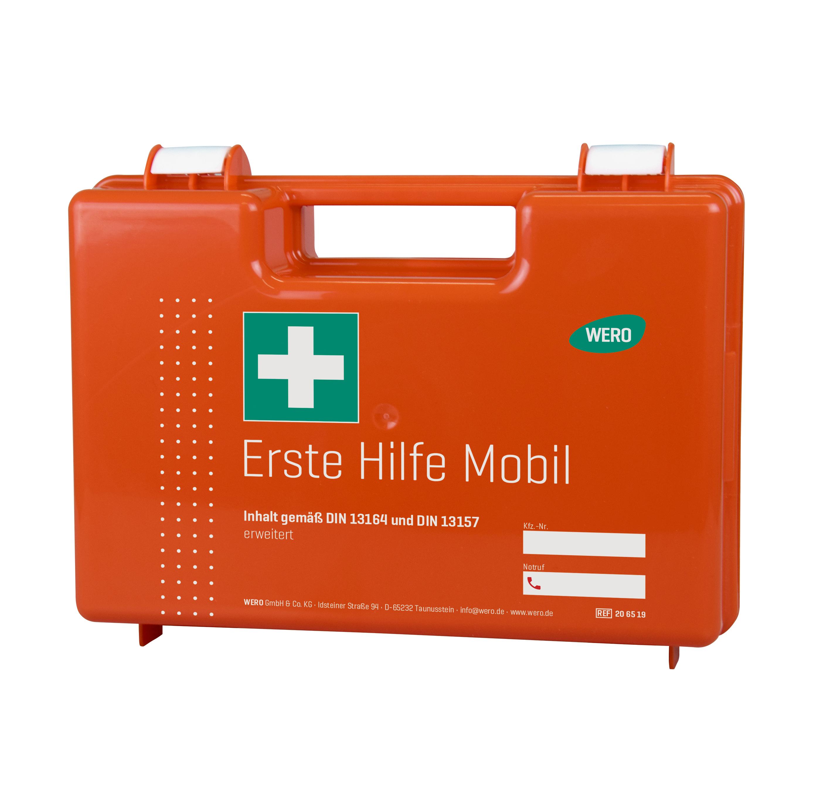 Rechteckiger, oranger Kunststoffkoffer WERO Erste Hilfe Mobil mit grünem Kreuz, Tragegriff, seitlichen Haltegriffen und der Aufschrift „Erste Hilfe Mobil“.