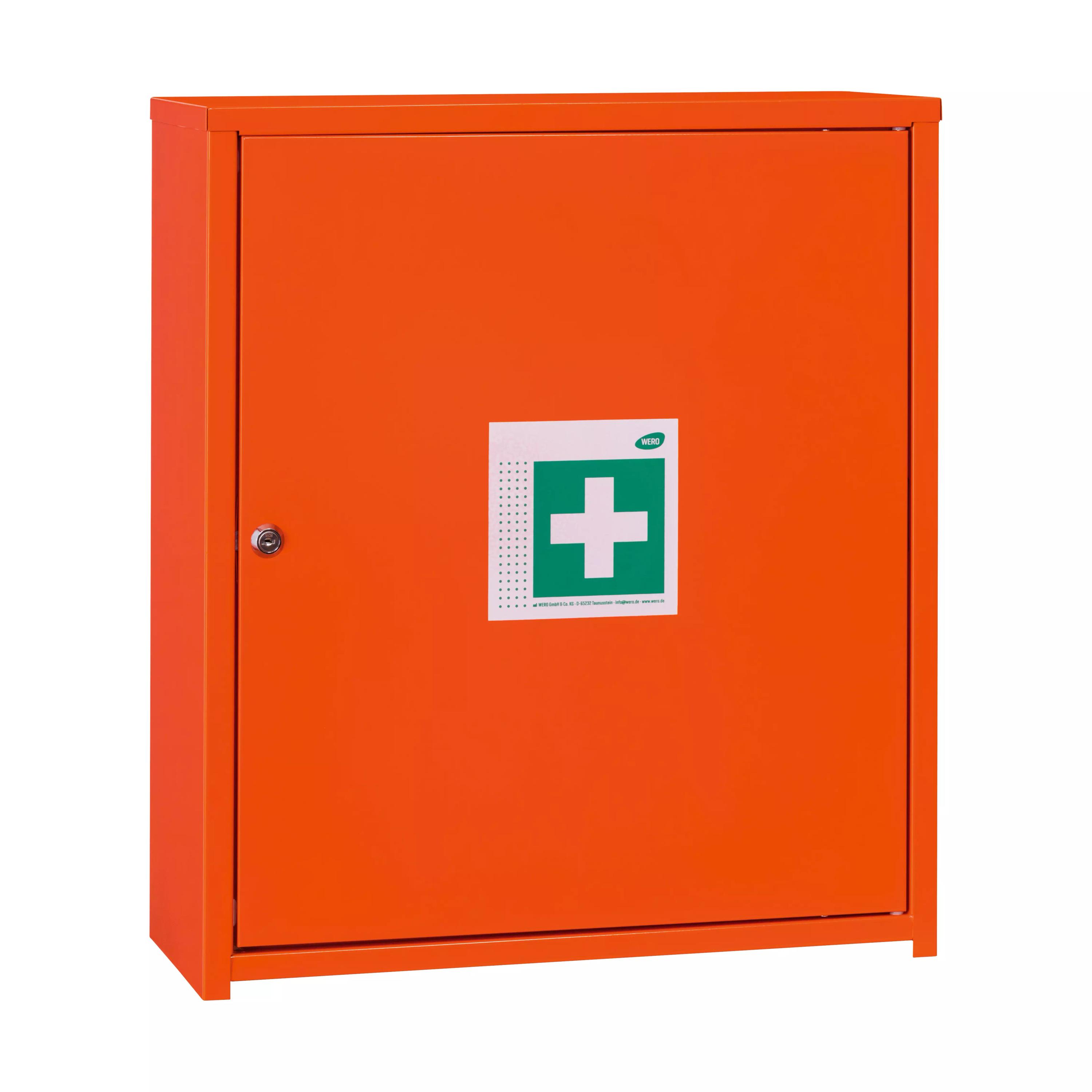 Oranger WERO Verbandschrank MaxiDeep 6 / 073 mit Zylinderschloss, zwei verstellbaren Fachböden und zwei Aufhängeösen, vorn grünes Erste-Hilfe-Kreuz.