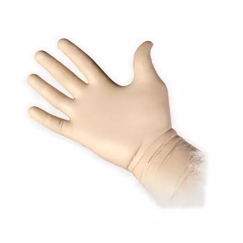 Eine einzelne Hand trägt einen NAR Bear Claw™ Nitril Einmalhandschuh in Beige, der hochelastisch ist und strukturierte Fingerspitzen für verbesserten Griff bietet.