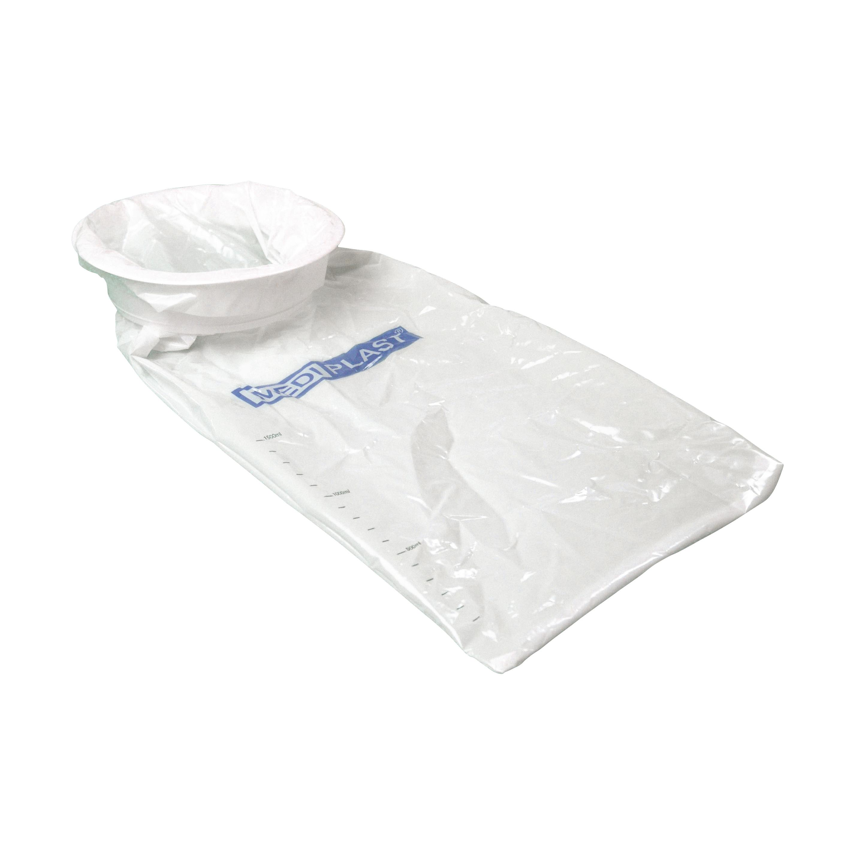 Transparenter Urinbeutel mit MEDIPLAST-Logo, runder Öffnung, seitlicher Skala und blauer Beschriftung für medizinische Nutzung