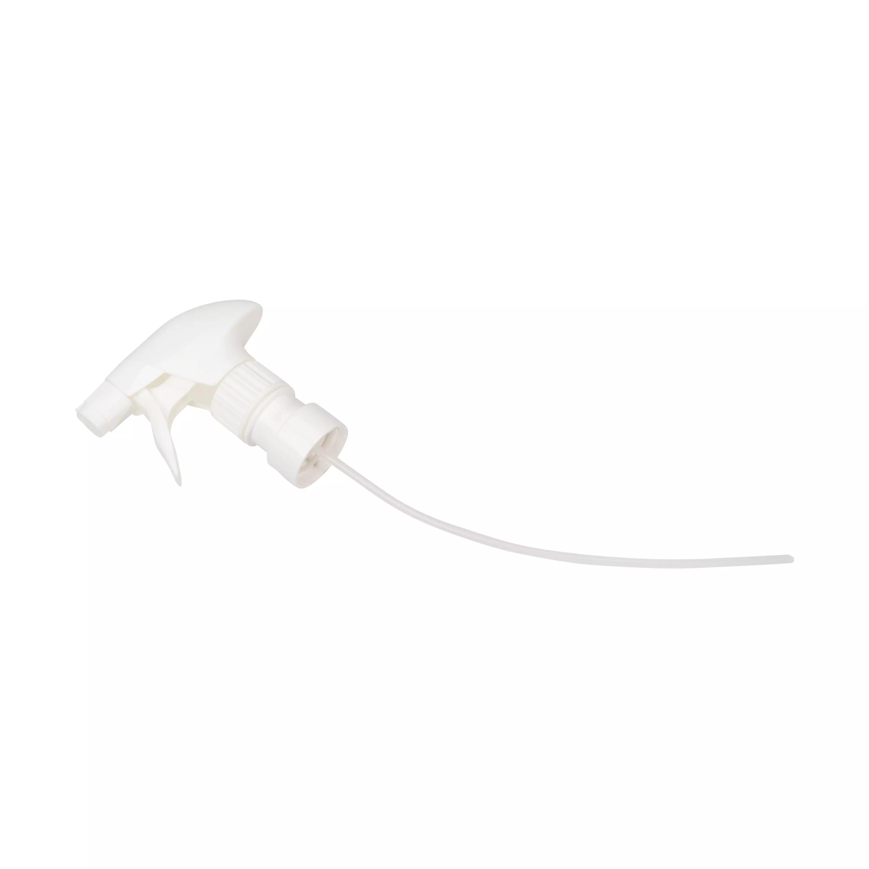 Ein weißer Schaumsprühkopf mit Adapter schwebt seitlich geneigt, sein Kunststoffauslöser und die dazugehörige Ansaughülse sind erkennbar.