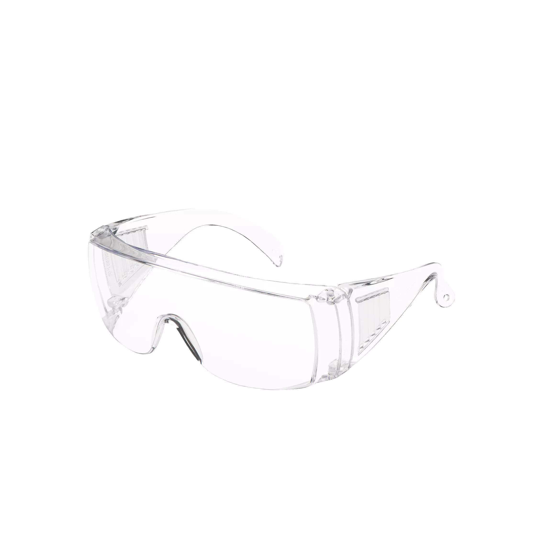 Besucherschutz- und Überbrille Visitor Clear mit transparentem Schild, leichten, perforierten blauen Bügeln, schützend über einer Brille tragbar.