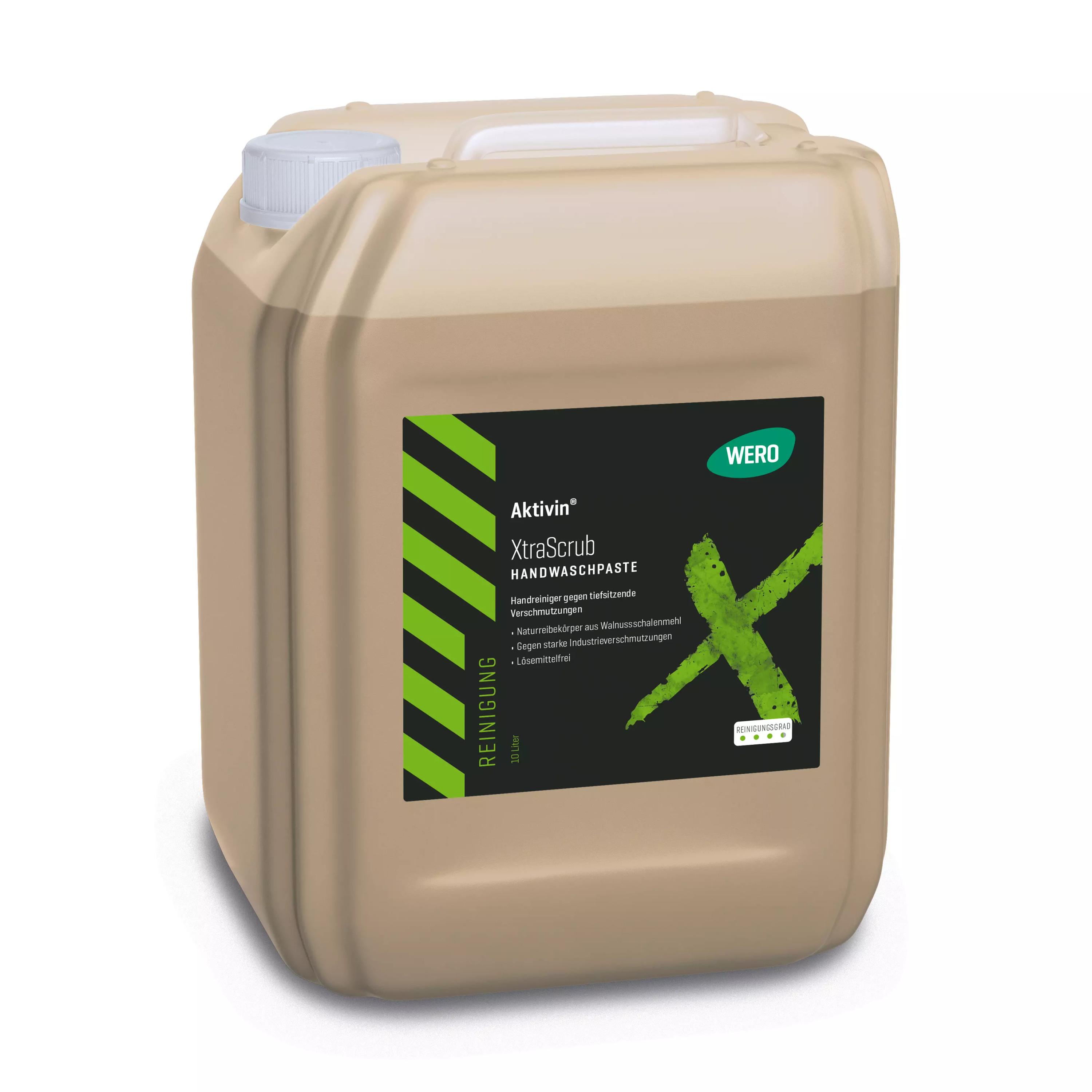 Quadratischer 10-Liter-Kanister XtraScrub Handwaschpaste von Activin mit schwarzem Etikett, grünem X und rotem Auslassventil für den Industrieeinsatz