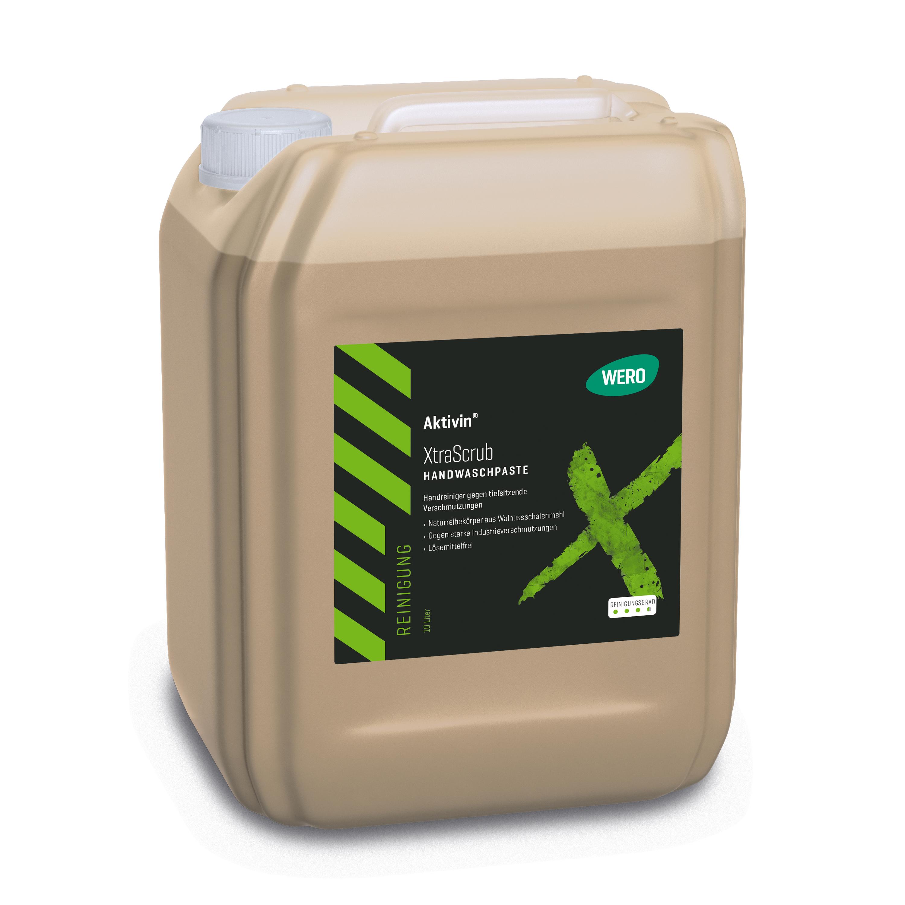 Quadratischer 10-Liter-Kanister XtraScrub Handwaschpaste von Activin mit schwarzem Etikett, grünem X und rotem Auslassventil für den Industrieeinsatz