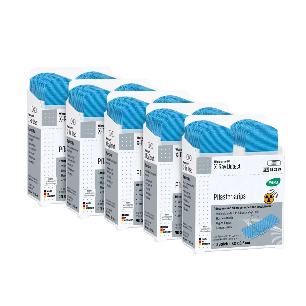 Sechs blaue Boxen Werosmart® X-Ray Detect Pflasterspender-Einsätze Pflasterstrips, versiegelt, mit Angabe 7,2 cm, im Set gestapelt.
