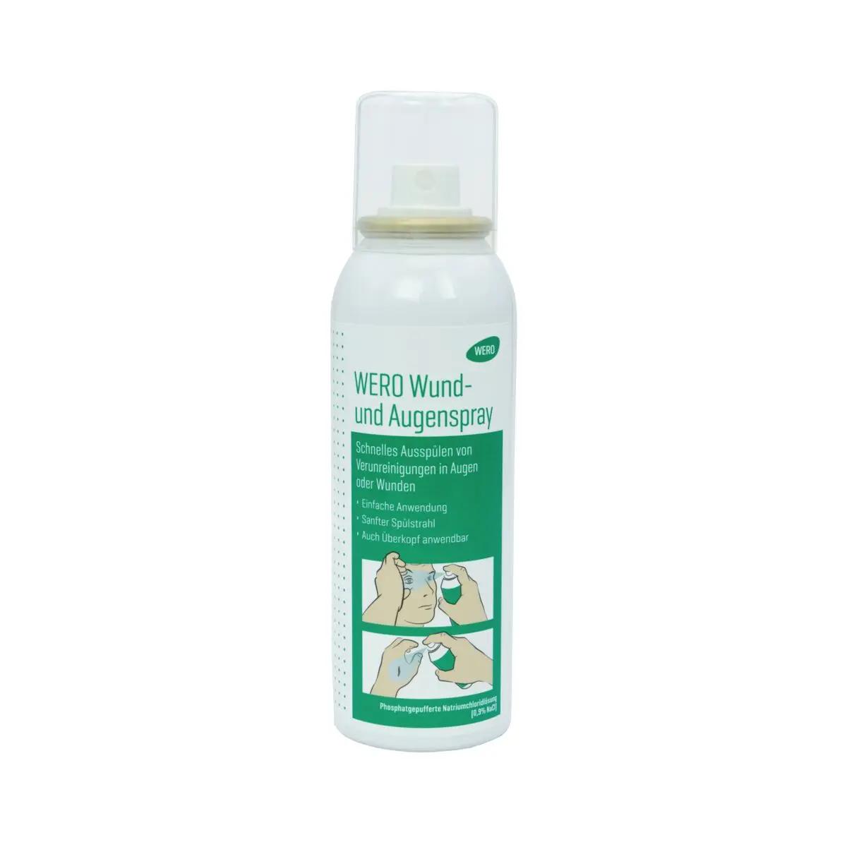 Weiße Sprühflasche WERO Wund- und Augenspray, 100 ml, mit grün-weißer Beschriftung, für schnelle, einfache und mehrfache Anwendung bei Wunden und am Auge.